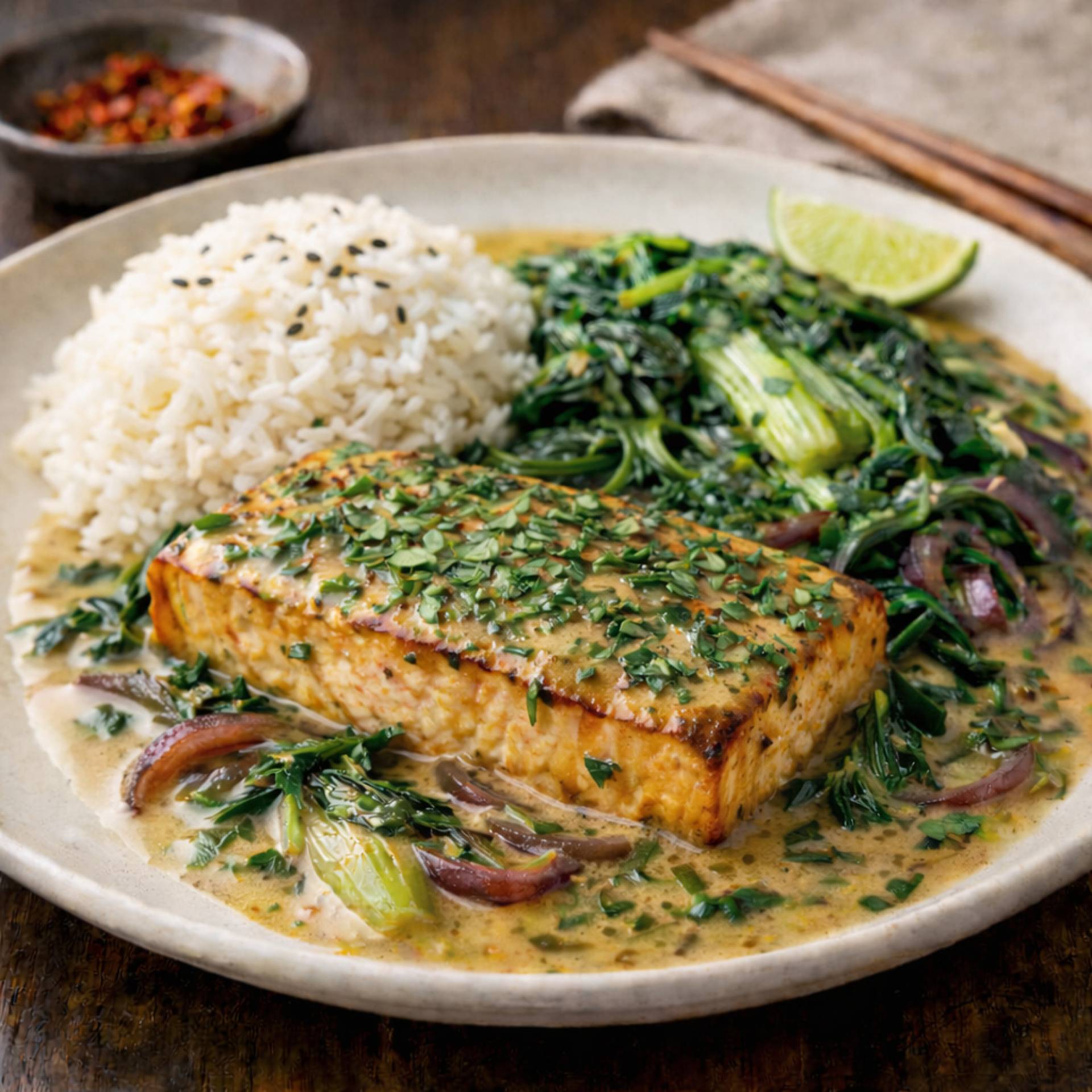 Coconut Miso Tofu Curry with Wilted Greens