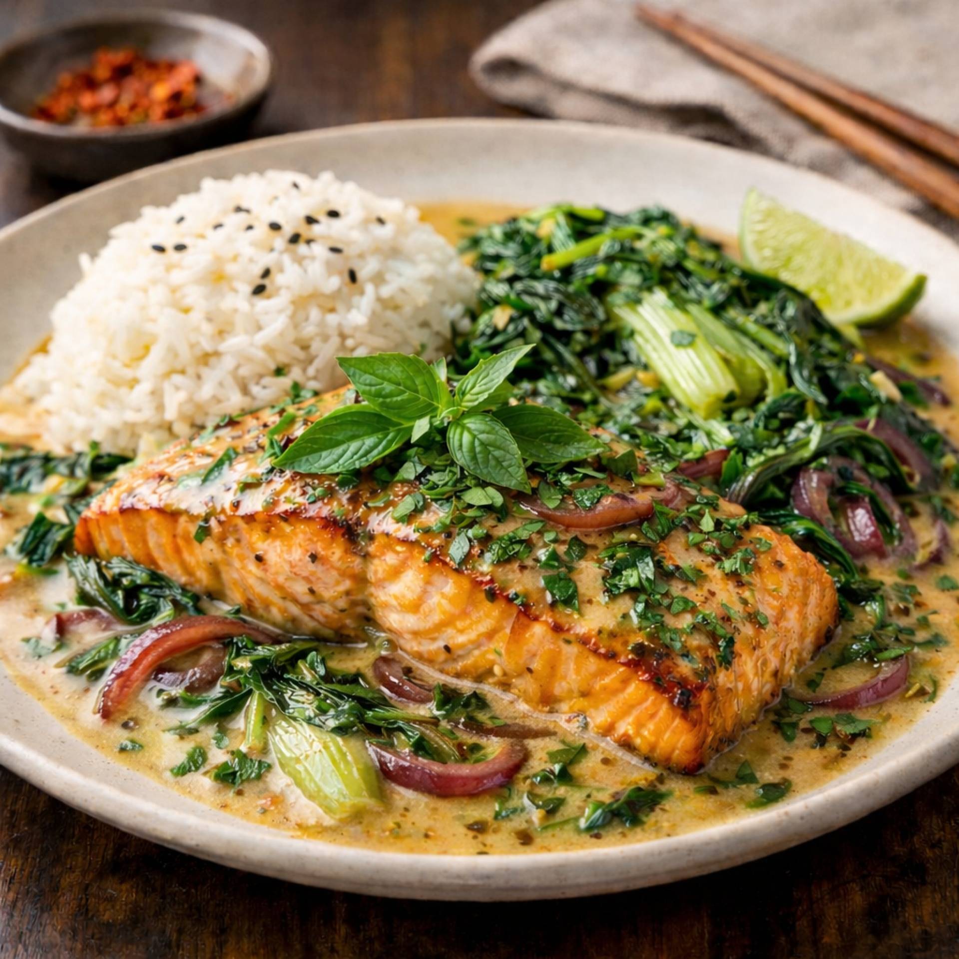 Low Carb Coconut Miso Salmon Curry with Wilted Greens