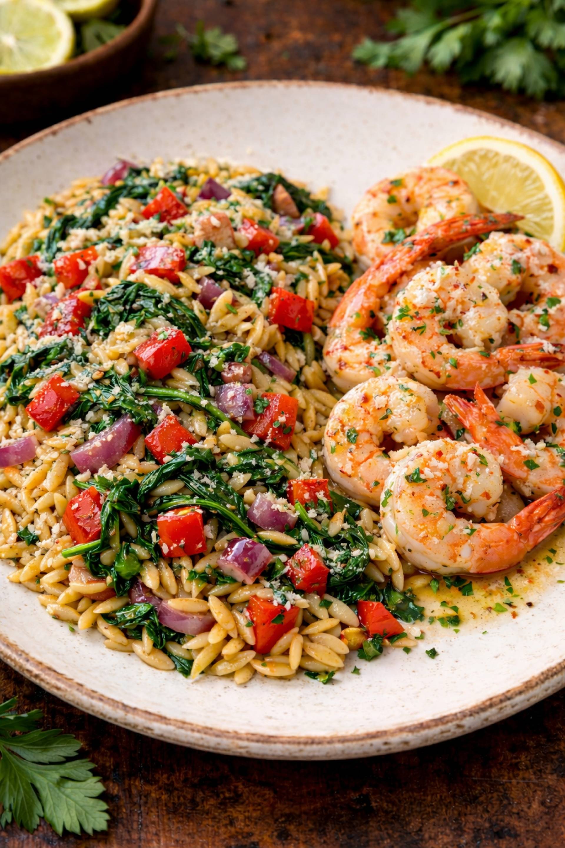 Shrimp Scampi with Lemony Orzo & Veggies