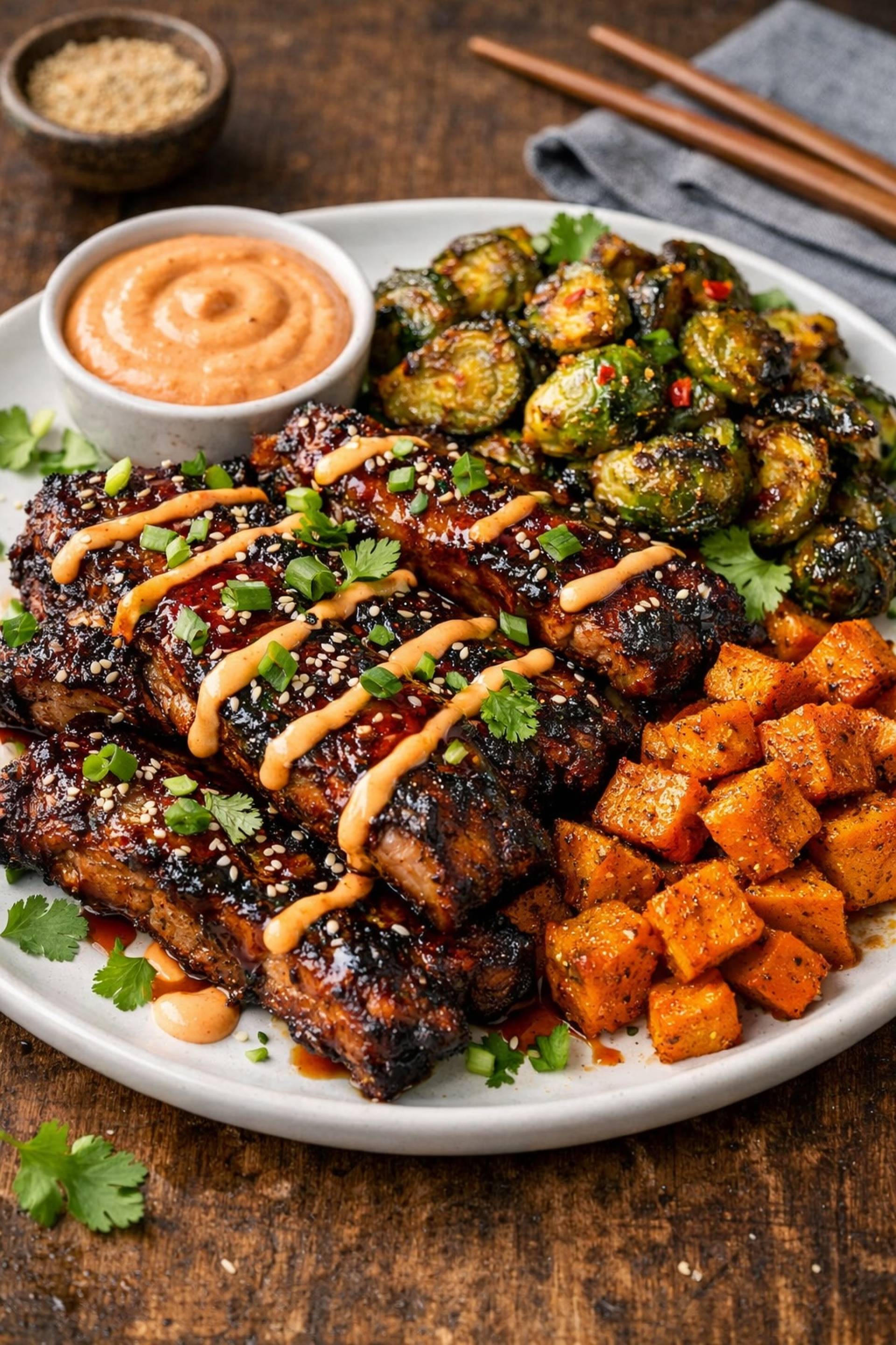 Korean BBQ Ribs with Chili Sauced Brussels & Roasted Sweet Potatoes