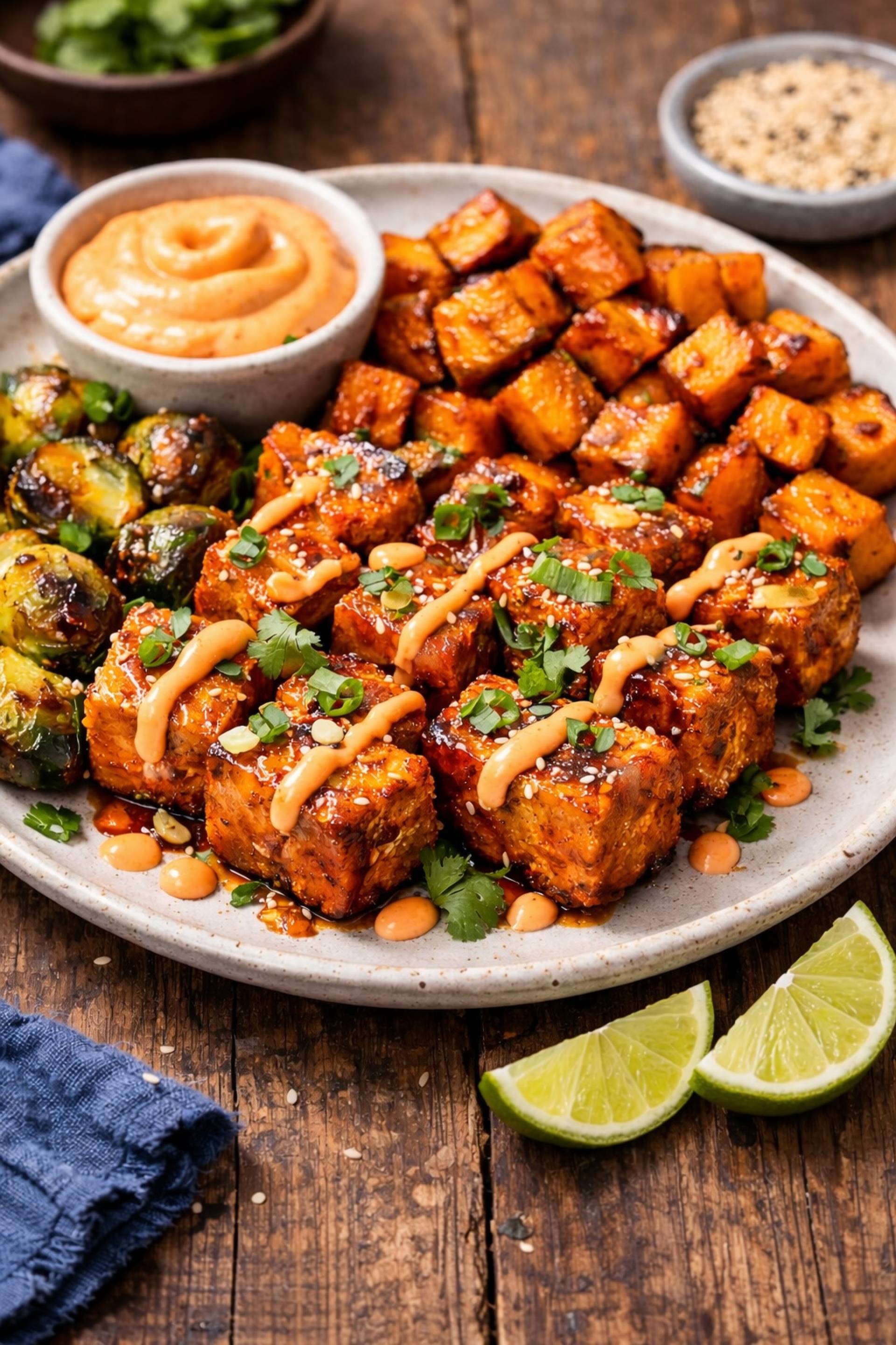 Korean BBQ Tofu with Chili Sauced Brussels & Roasted Sweet Potatoes