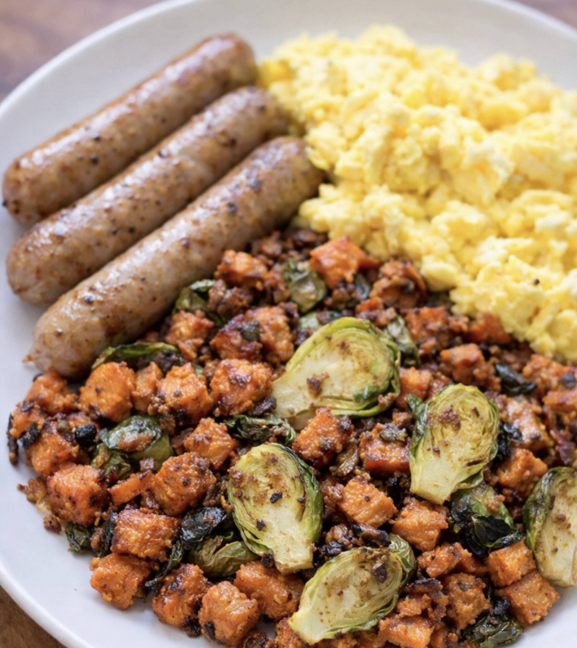 Chicken Apple Sausage Scramble with Sweet Potato Brussels Hash