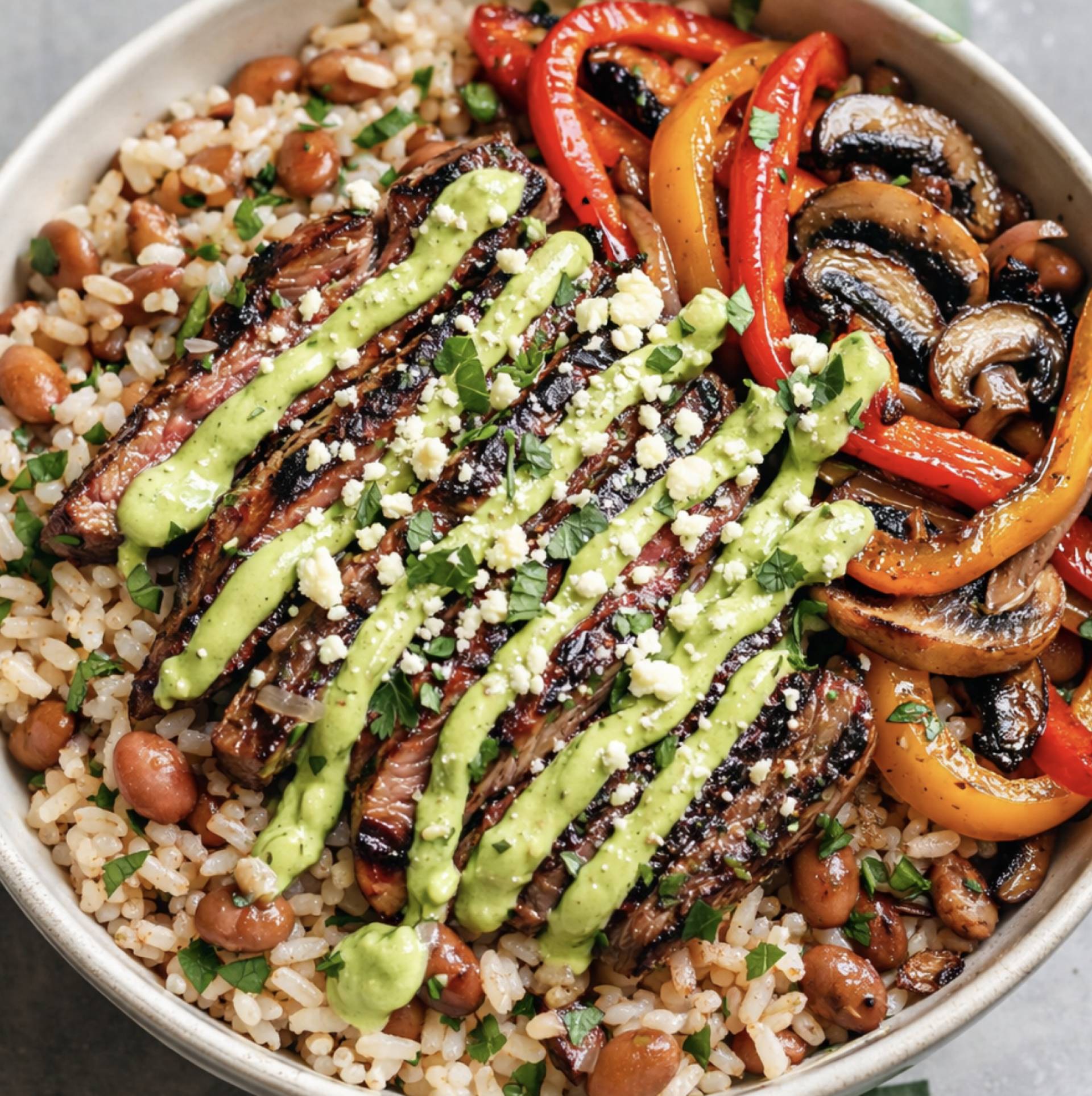 Carne Asada with Pinto Beans and Avocado Drizzle