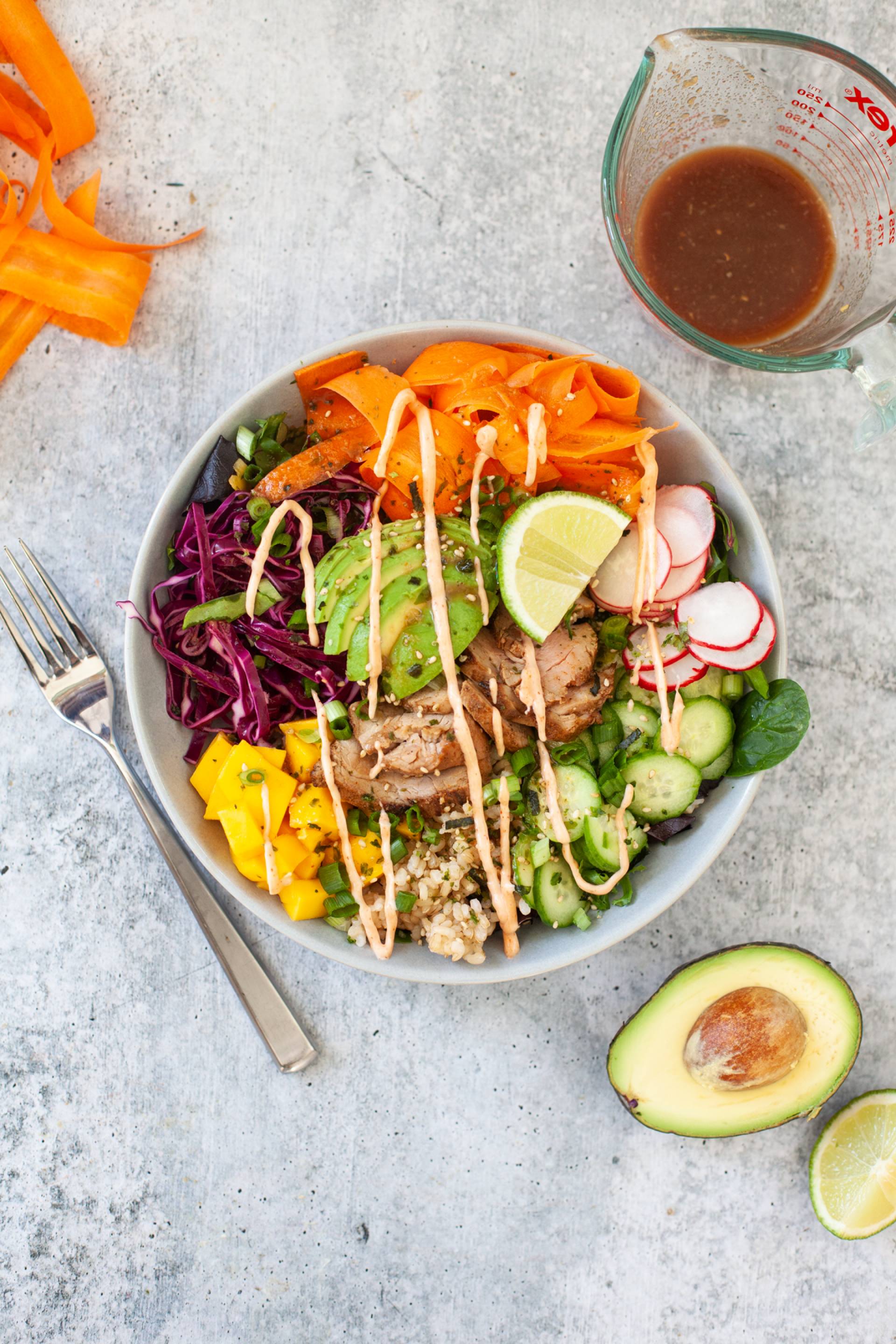 Dairy Free Grilled Pork Poke Bowl with Mango and Sriracha Mayo Drizzle