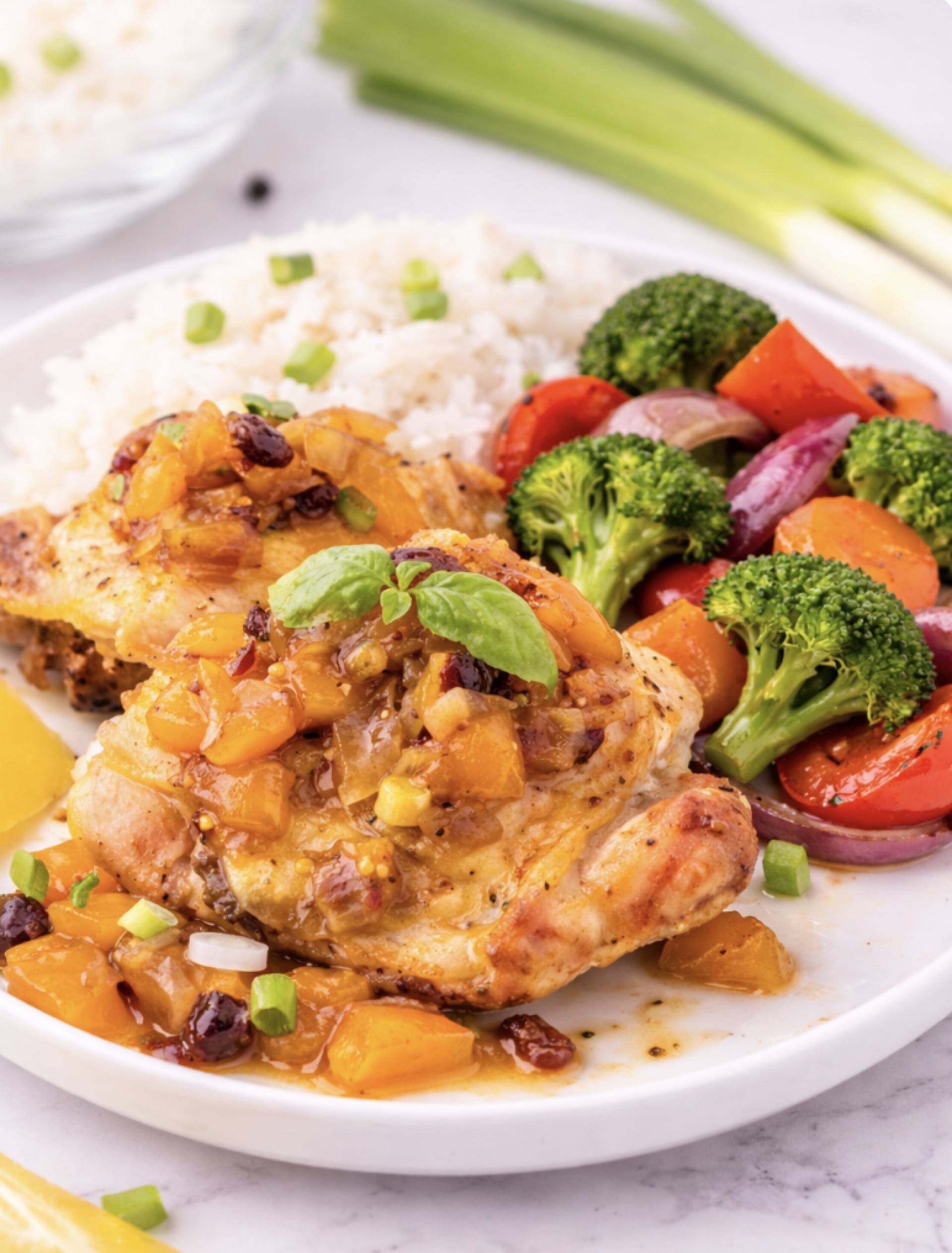 Low Carb Mango Chutney Topped Chicken Thighs with Cauliflower Coconut Rice