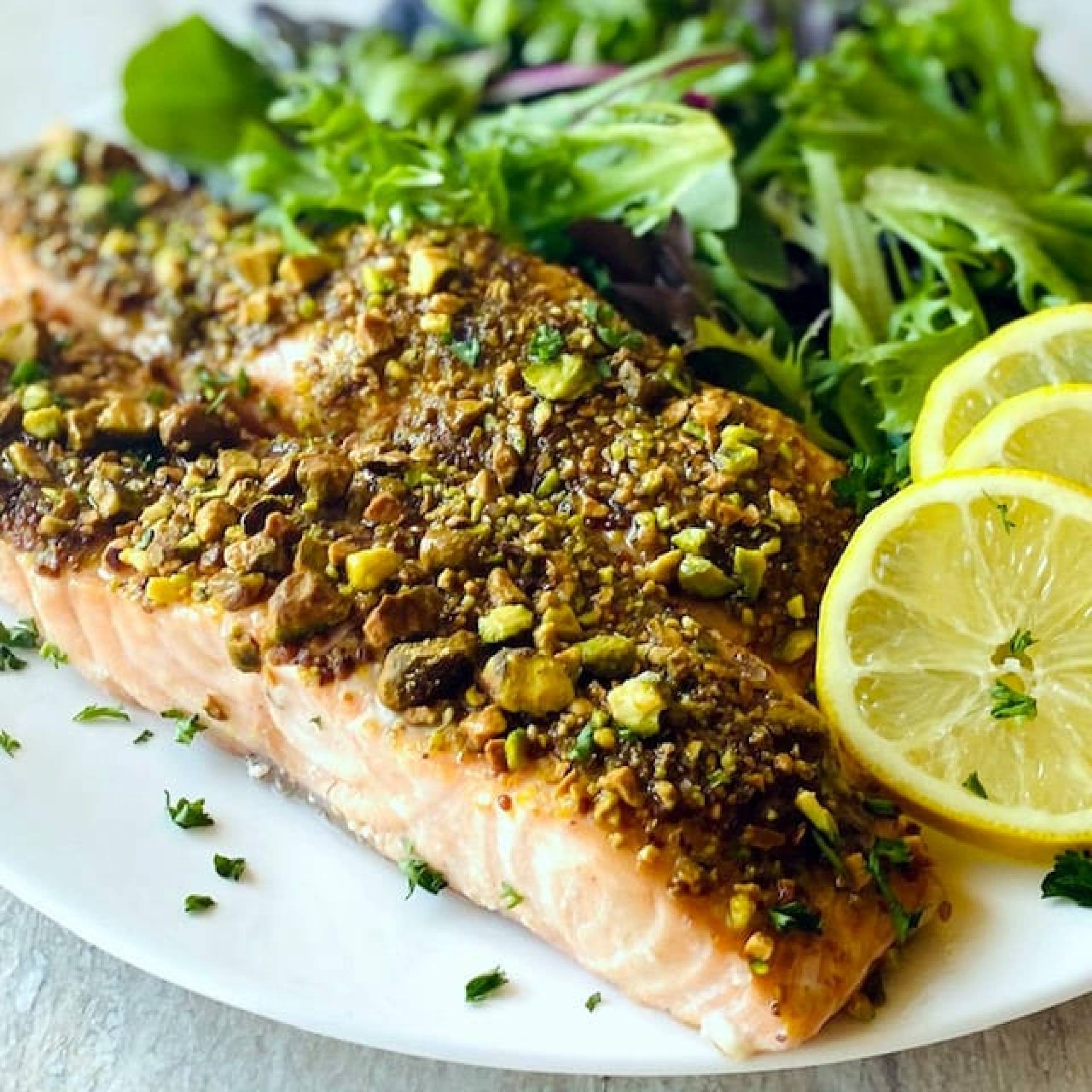 Dairy Free Pistachio Crusted Salmon with Roasted Potatoes and Cauliflower Asparagus Medley
