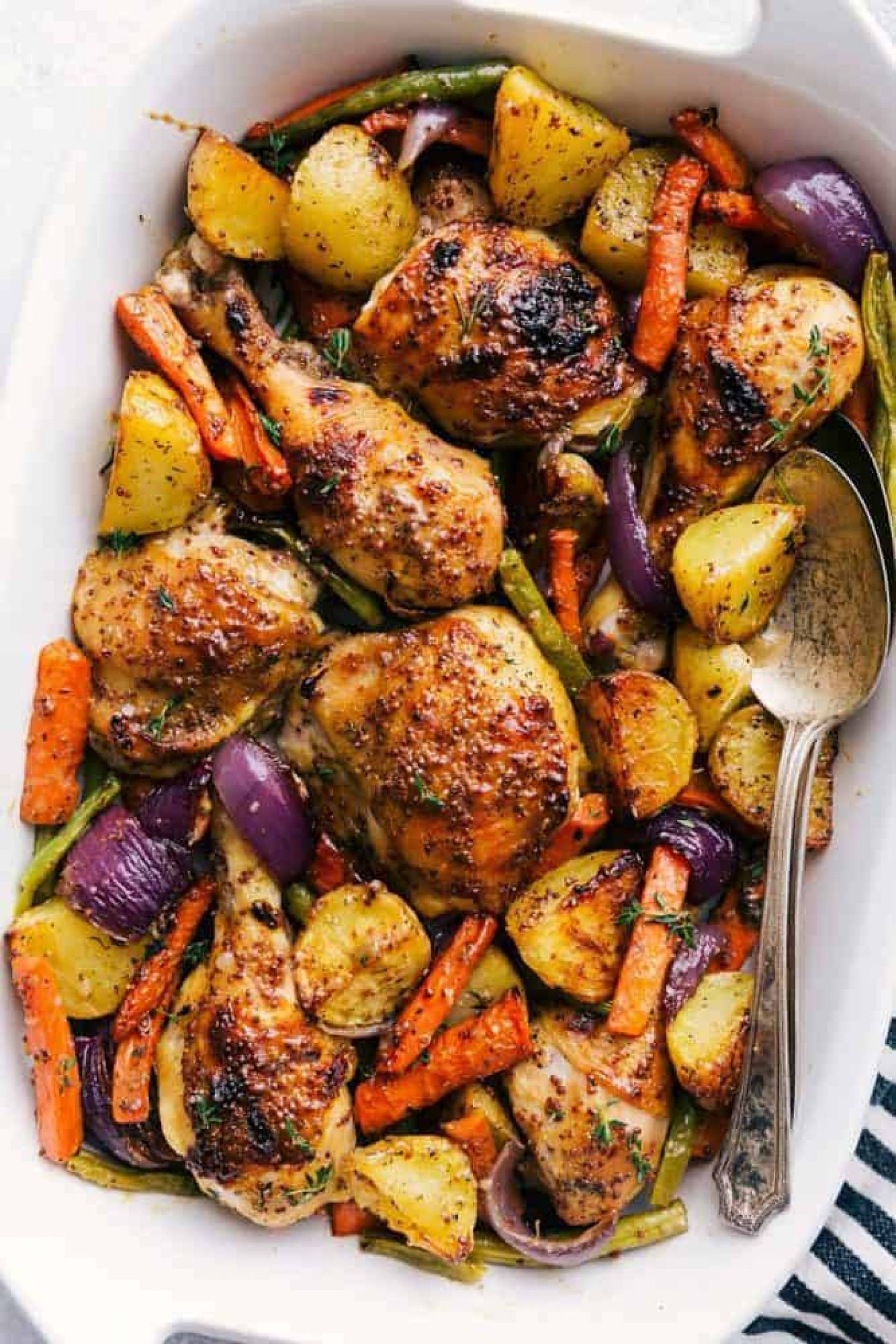Honey Mustard Chicken Thighs with Yukon Potatoes and Rainbow Veggies
