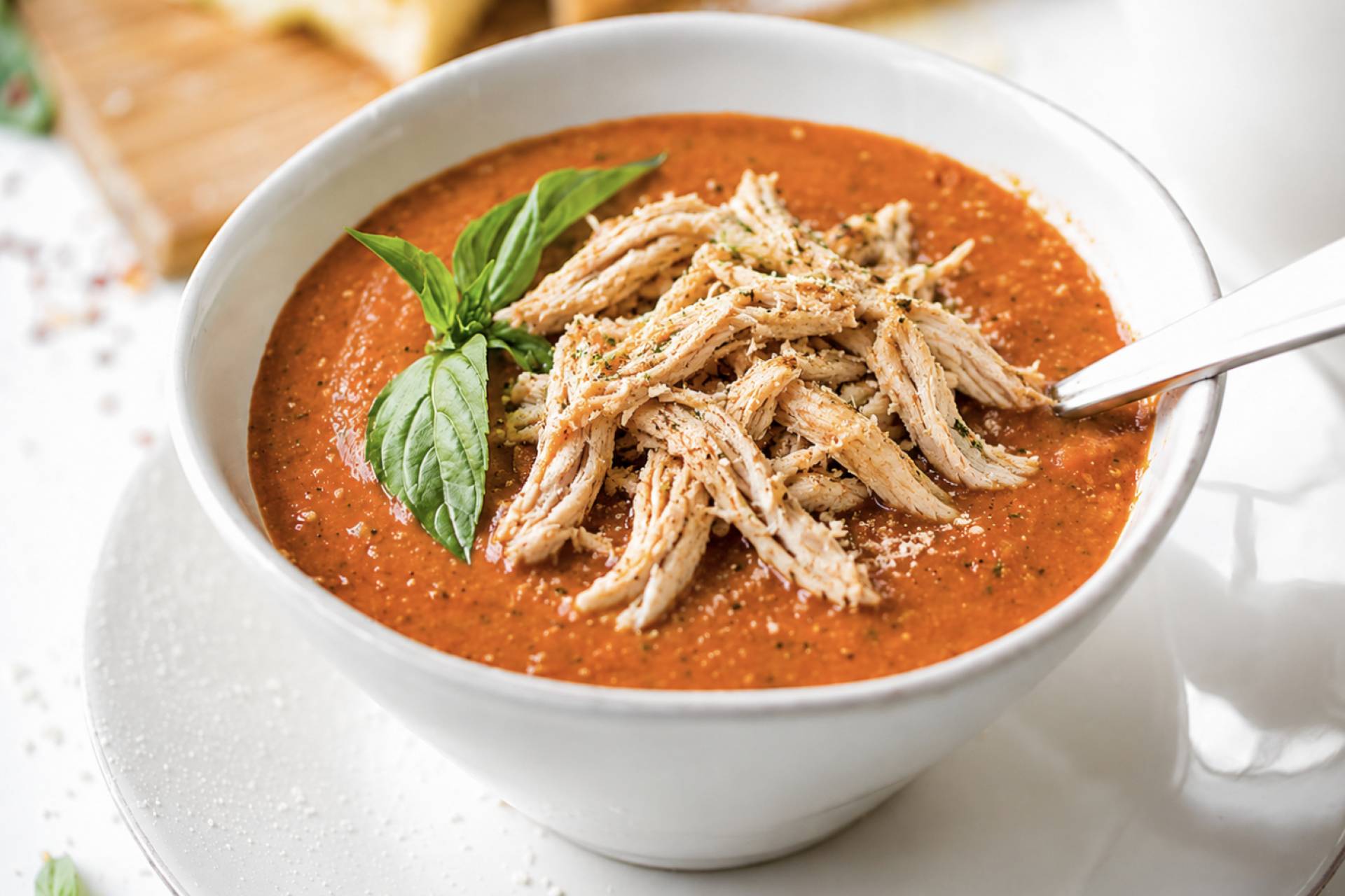 Summer Tomato Basil Bisque with Pulled Chicken