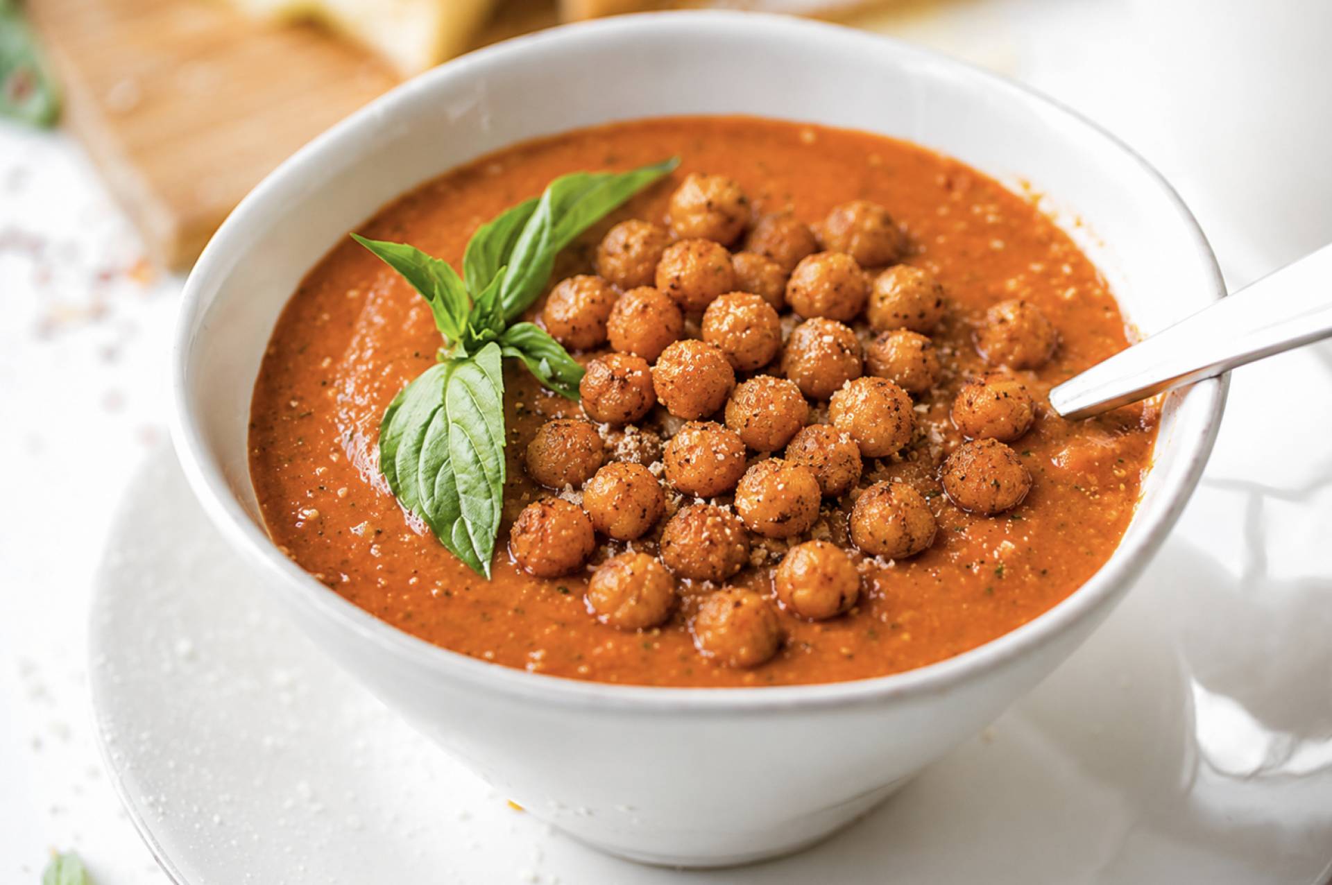 Summer Tomato Basil Bisque with Crispy Chickpeas