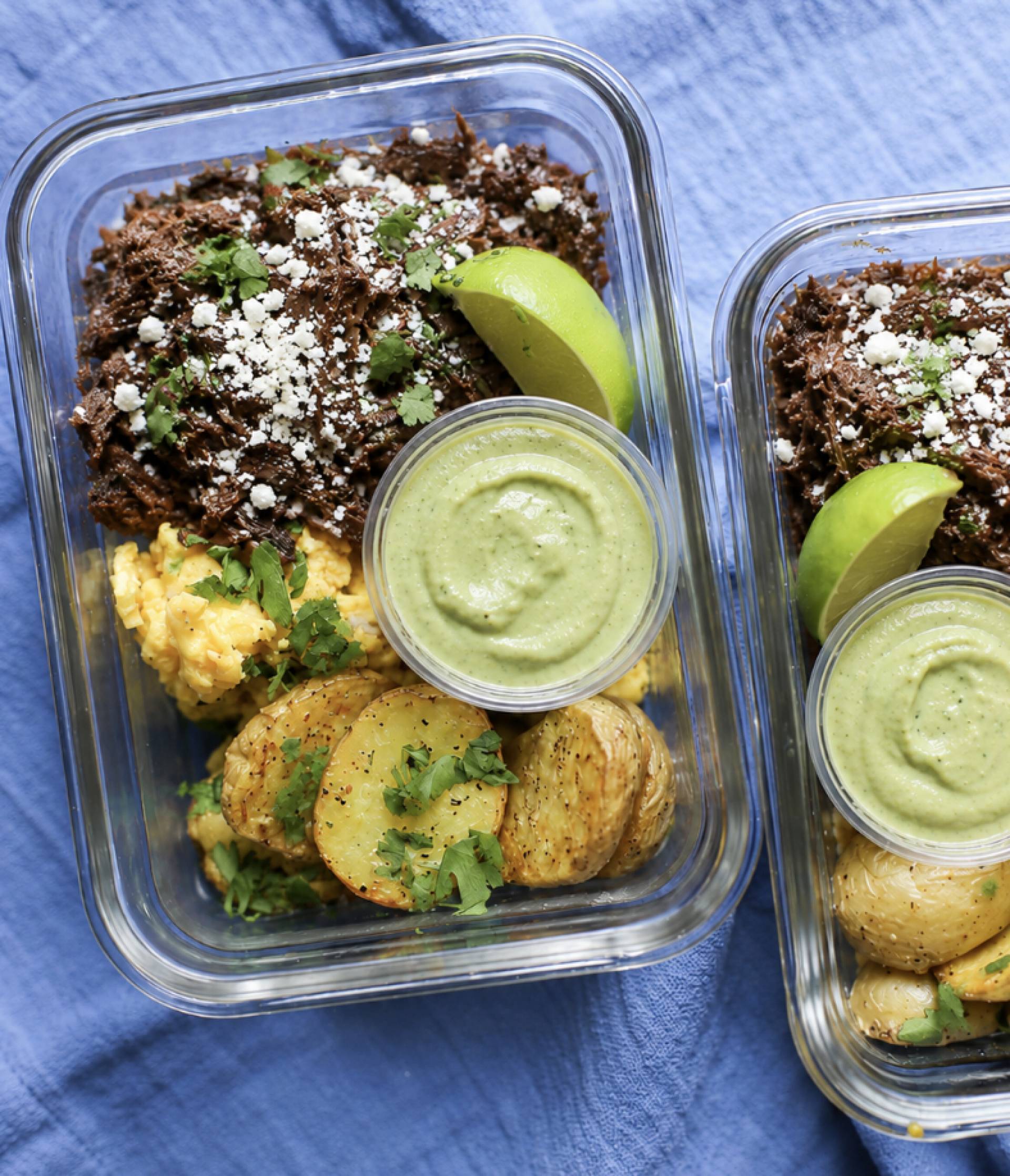 Beef Barbacoa Breakfast Bowls with Cilantro Avocado Sauce