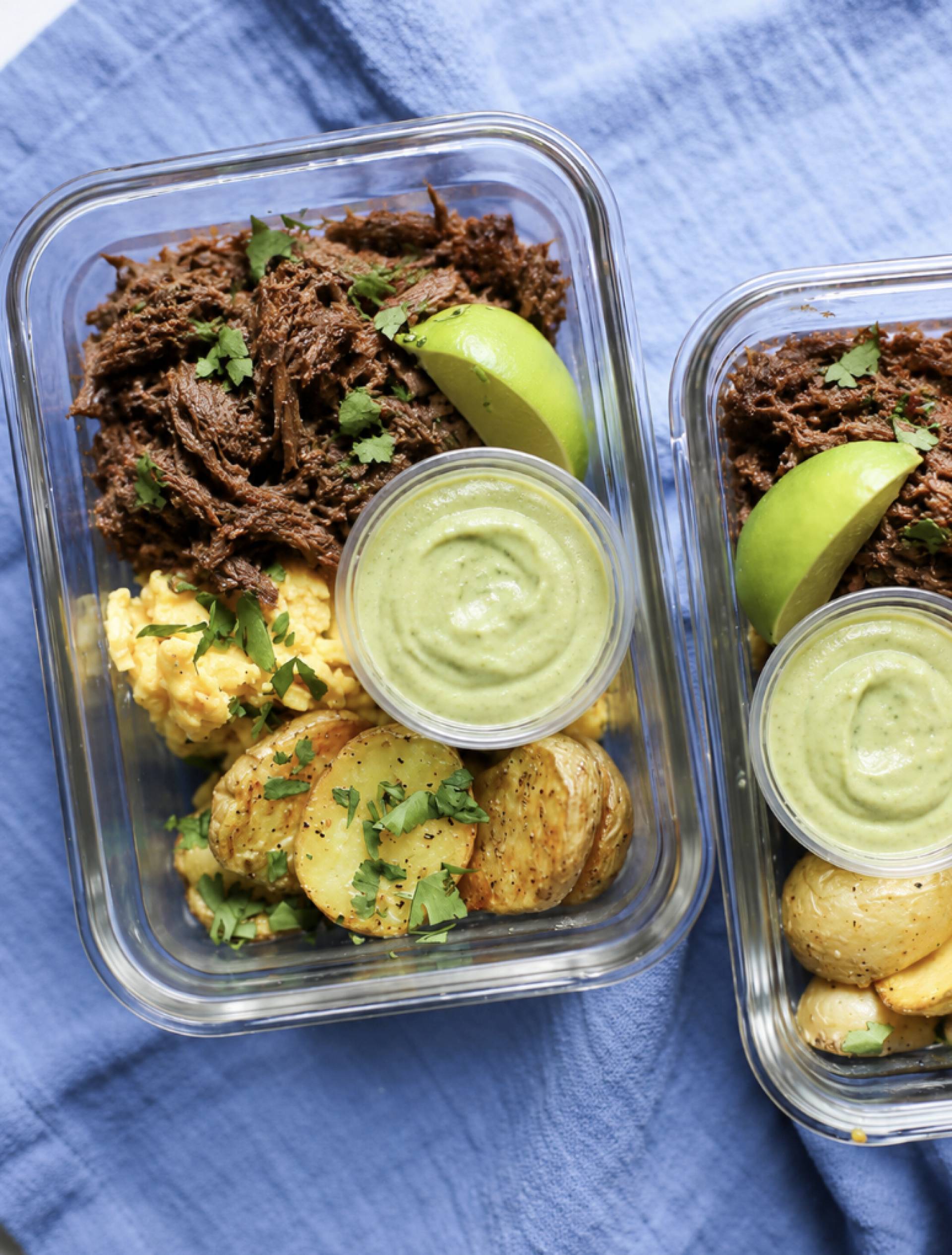 Dairy Free Beef Barbacoa Breakfast Bowls with Cilantro Avocado Sauce