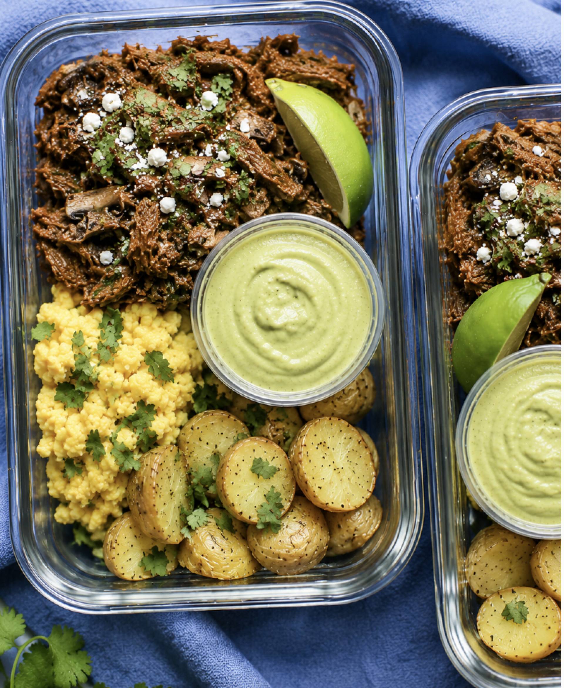 Jackfruit Barbacoa Breakfast Bowls with Cilantro Avocado Sauce