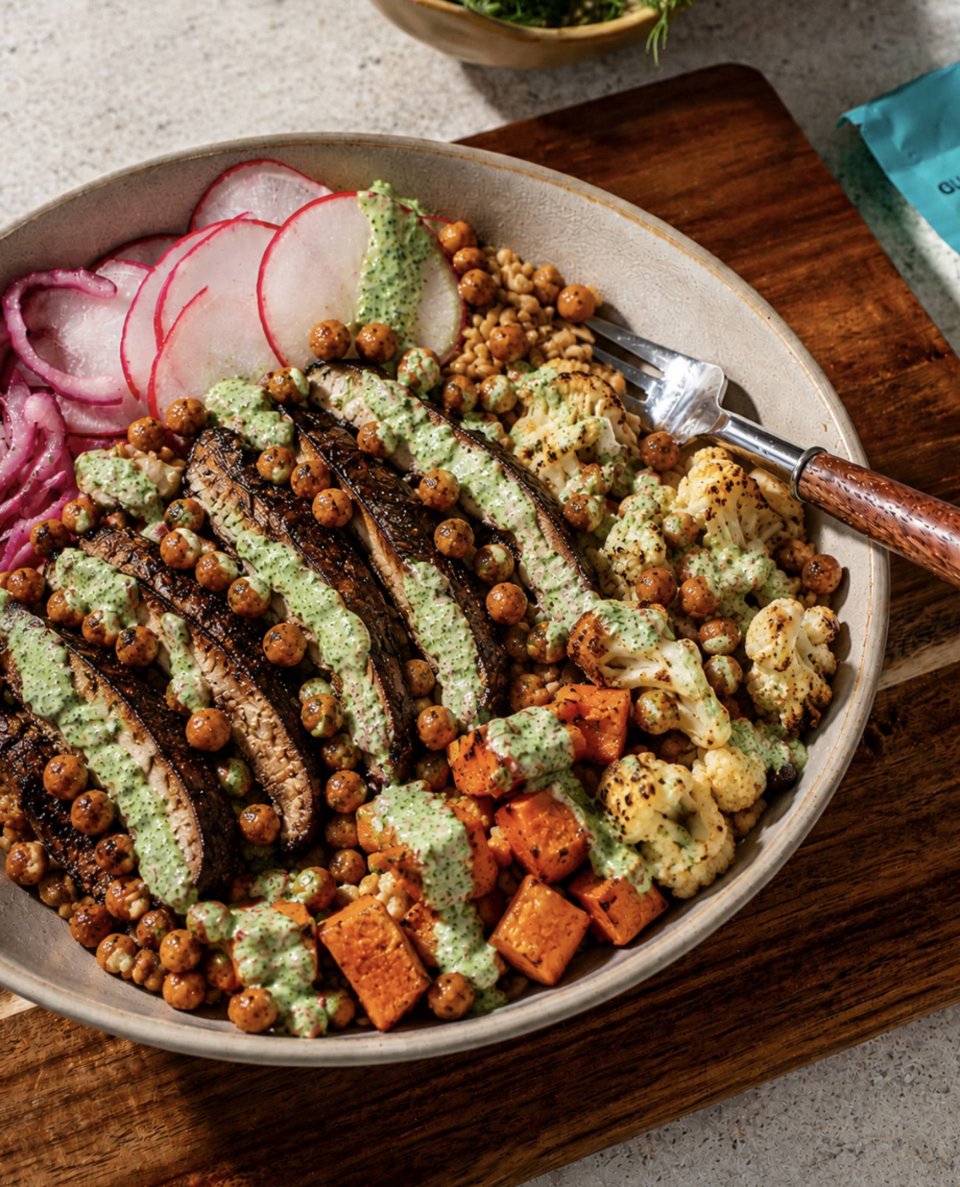 Vegan Green Goddess Bowl with Marinated Portobello