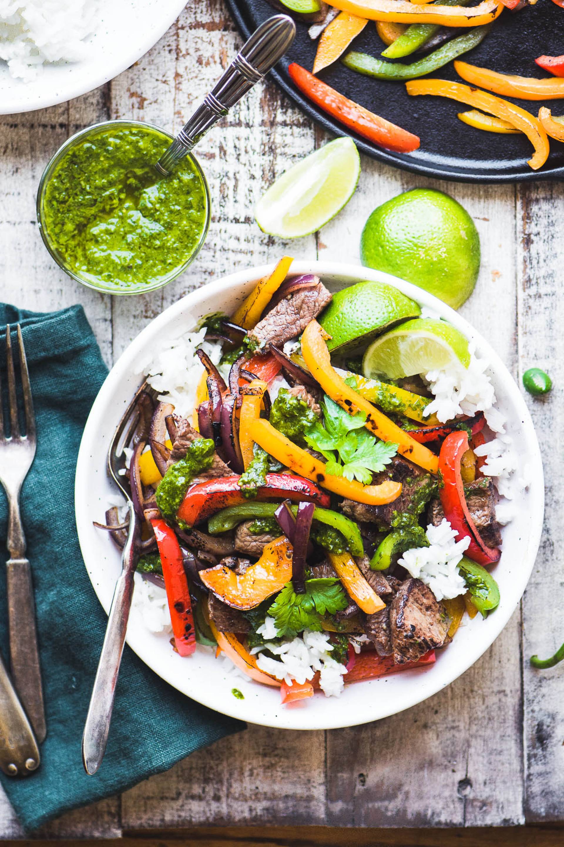 Grilled Flank Steak Fajita Bowls with Poblano Pesto