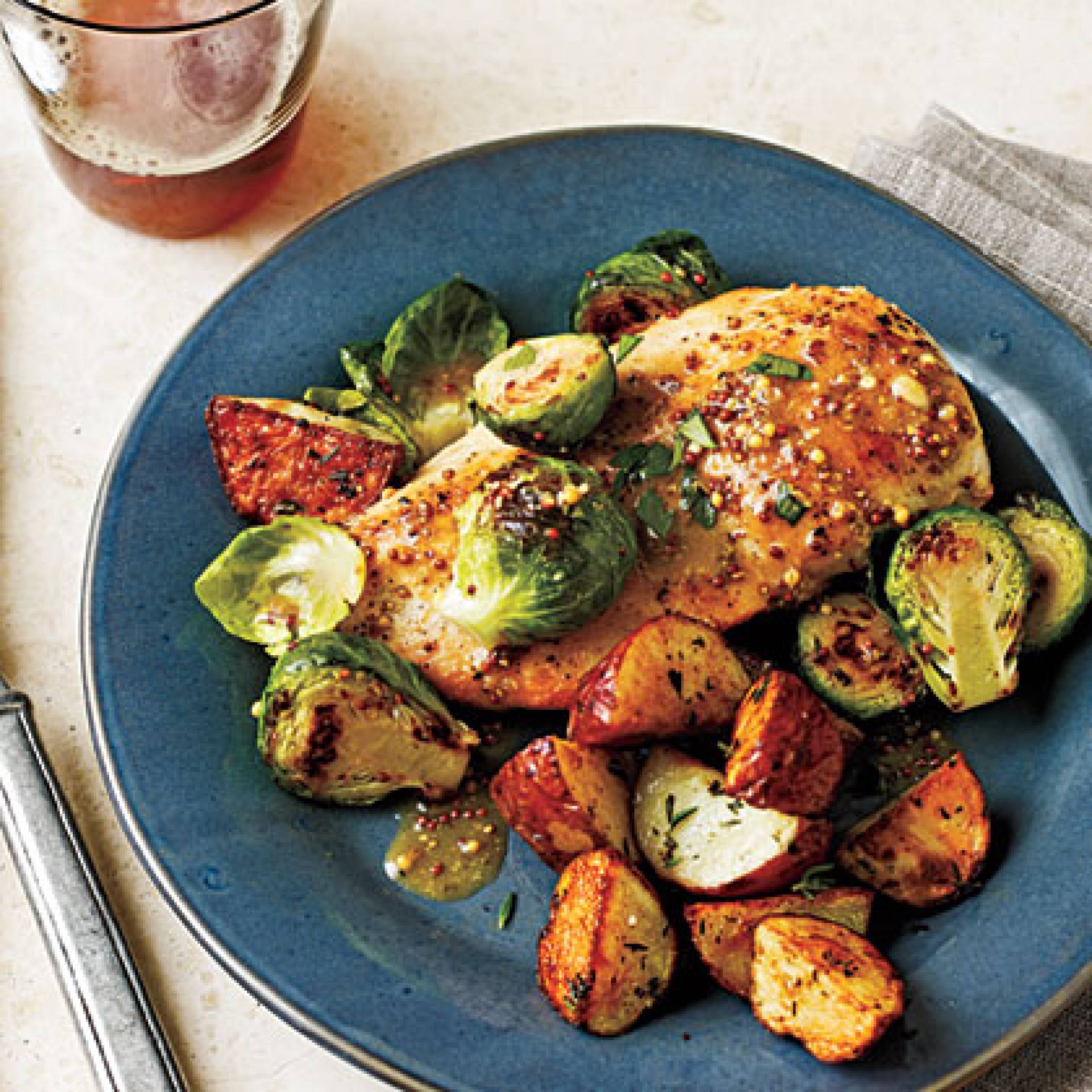 Creamy Dijon Chicken, Roasted Brussels & Rosemary Potatoes