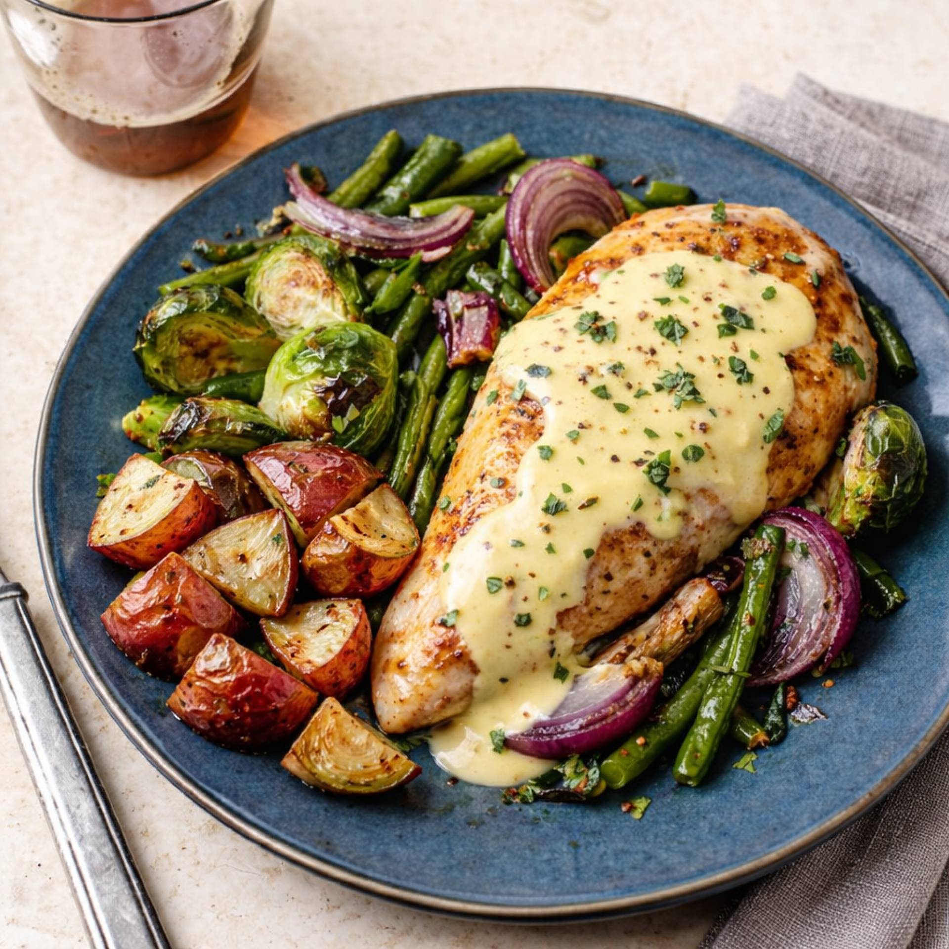Creamy Dijon Chicken, Roasted Brussels & Rosemary Potatoes