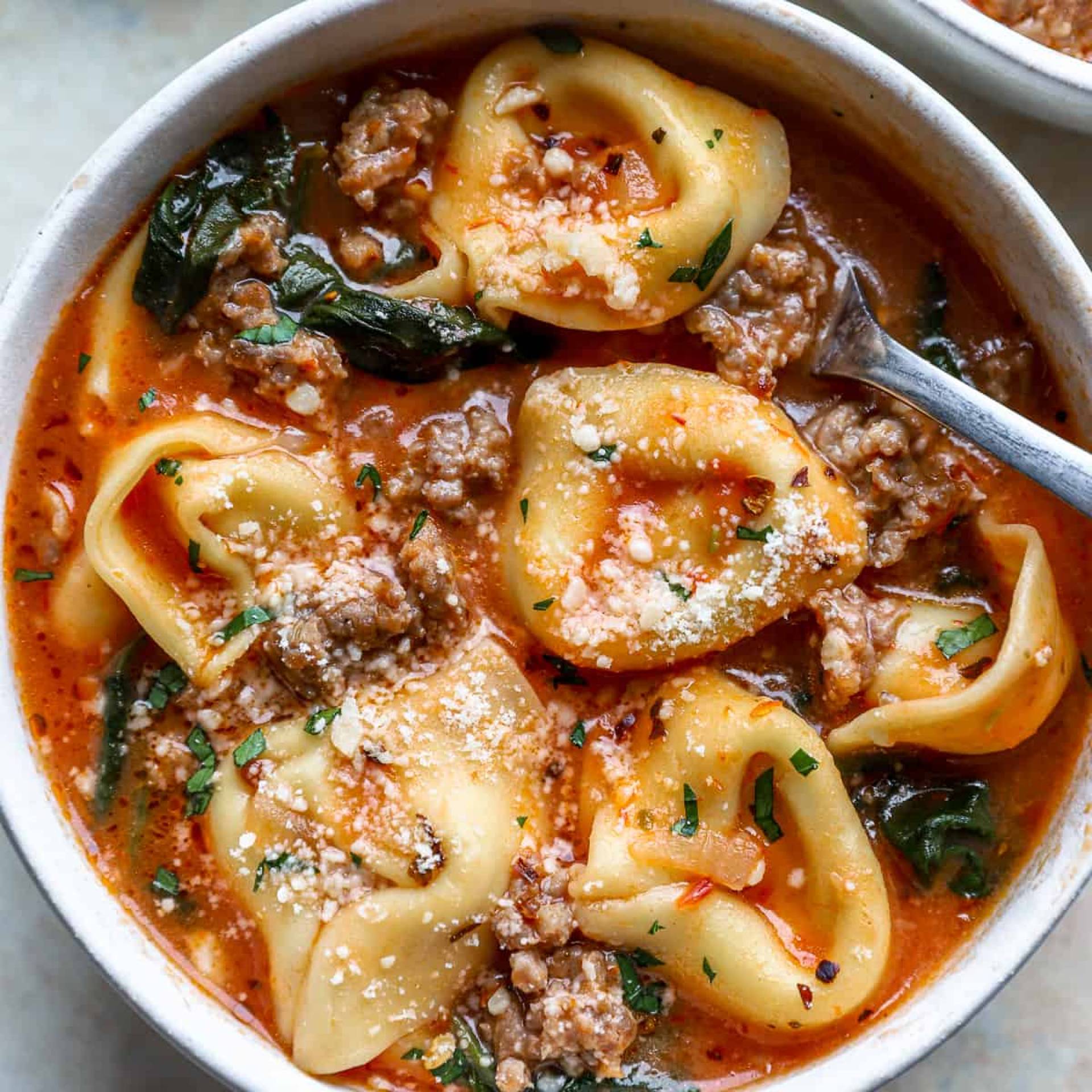 Tortellini and Plant Based Sausage Soup