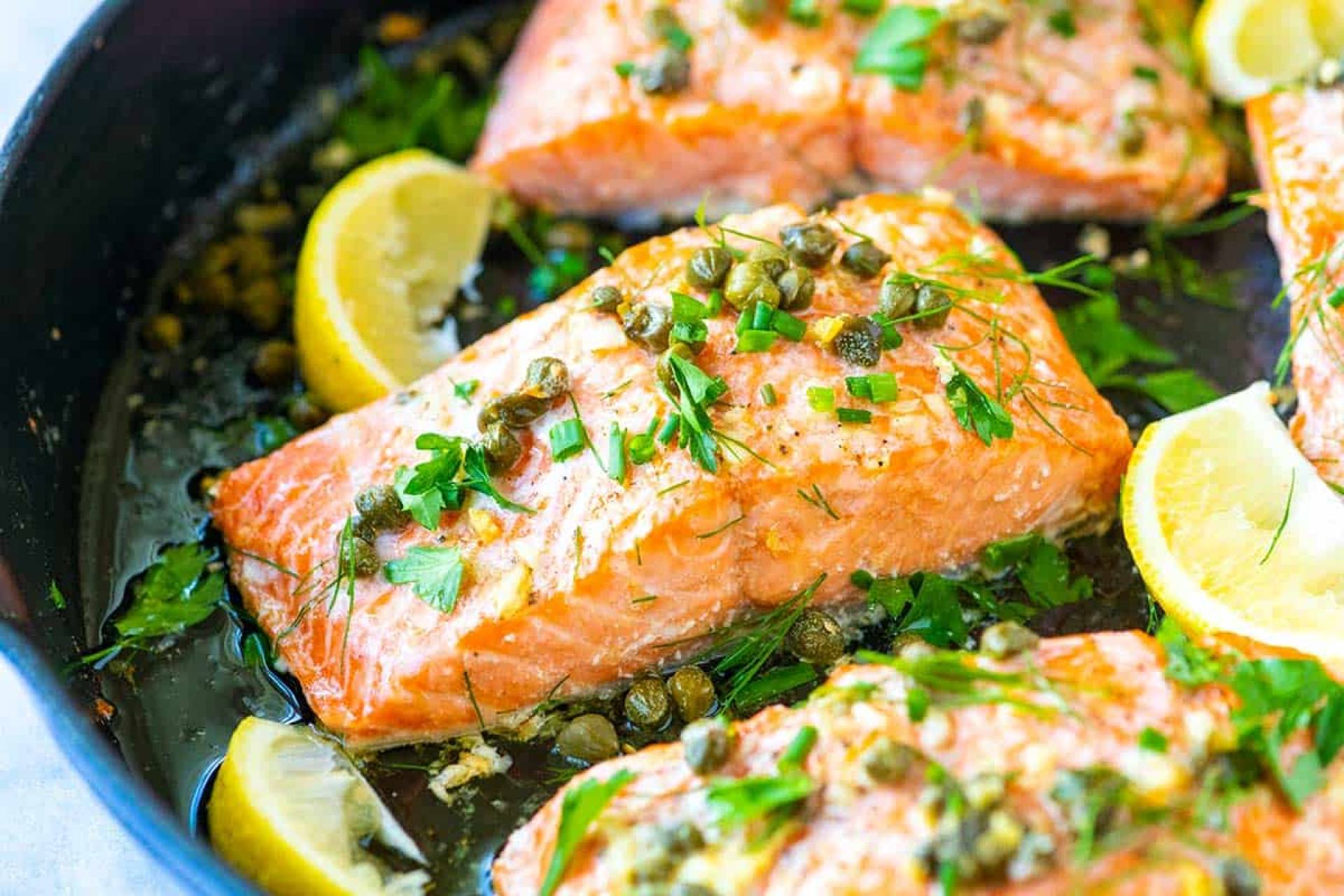 Lemon Caper Salmon with Rice Pilaf and Veggie Medley