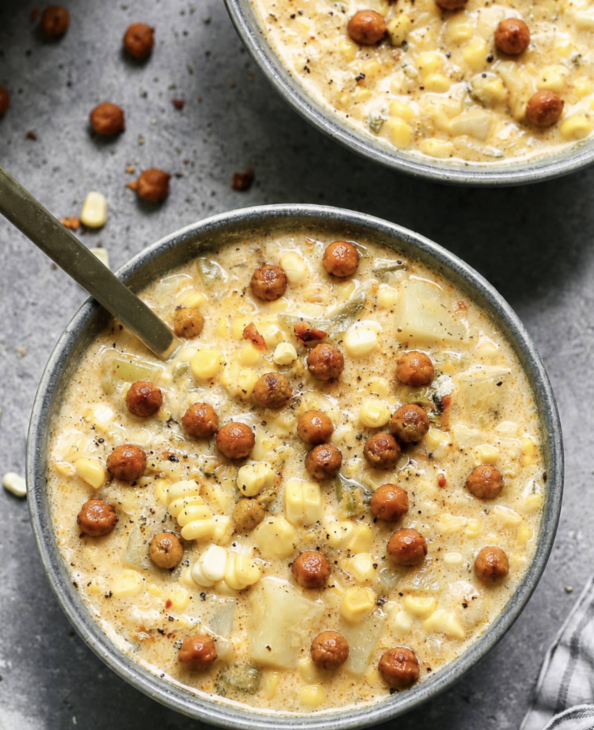 Colorado Sweet Corn and Hatch Chile Chowder with Crispy Chickpeas