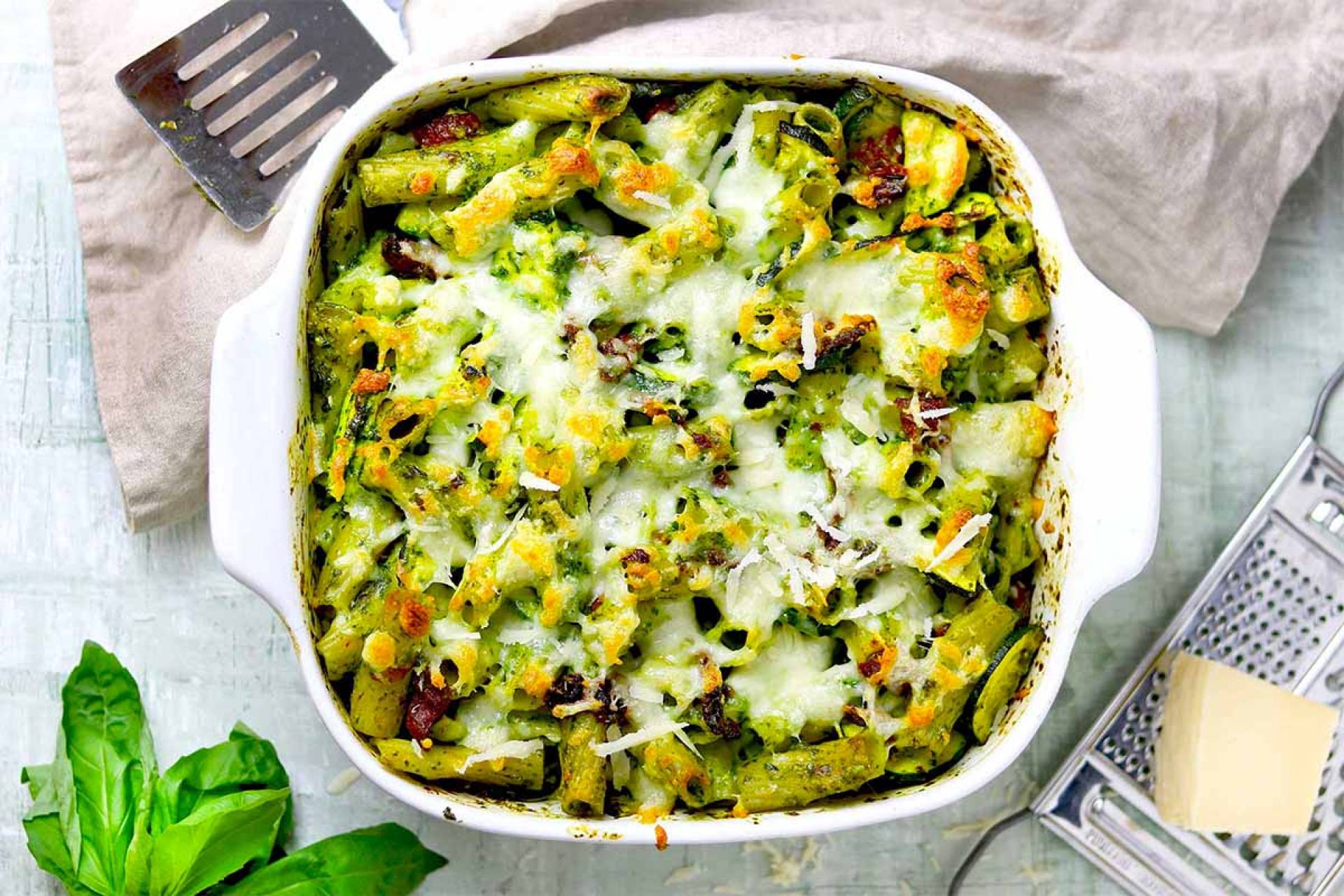 Family Style Creamy Pesto Primavera Bake