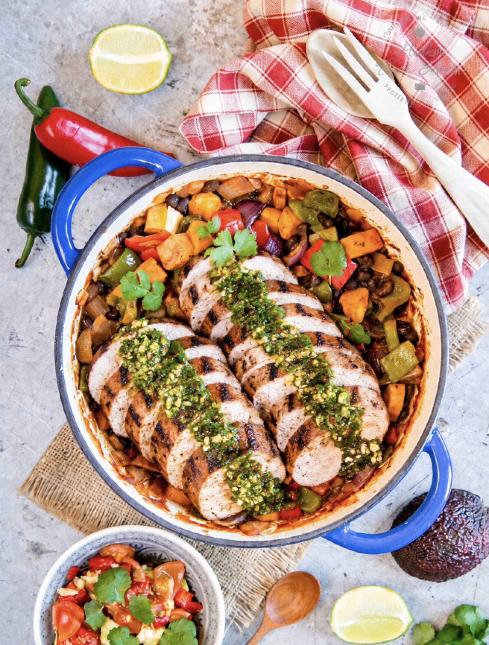 Brazilian Chimichurri Grilled Pork Medallions with Feijoada Veggies