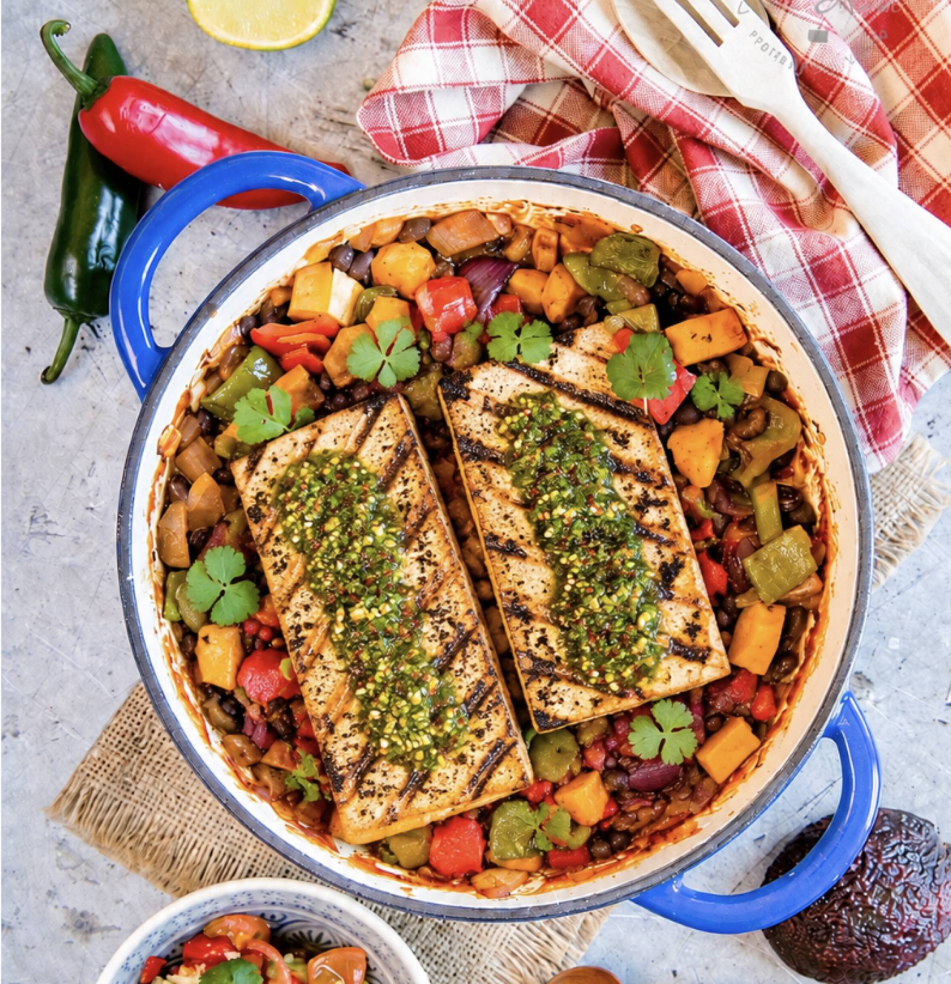 Brazilian Chimichurri Grilled Tofu with Feijoada Veggies