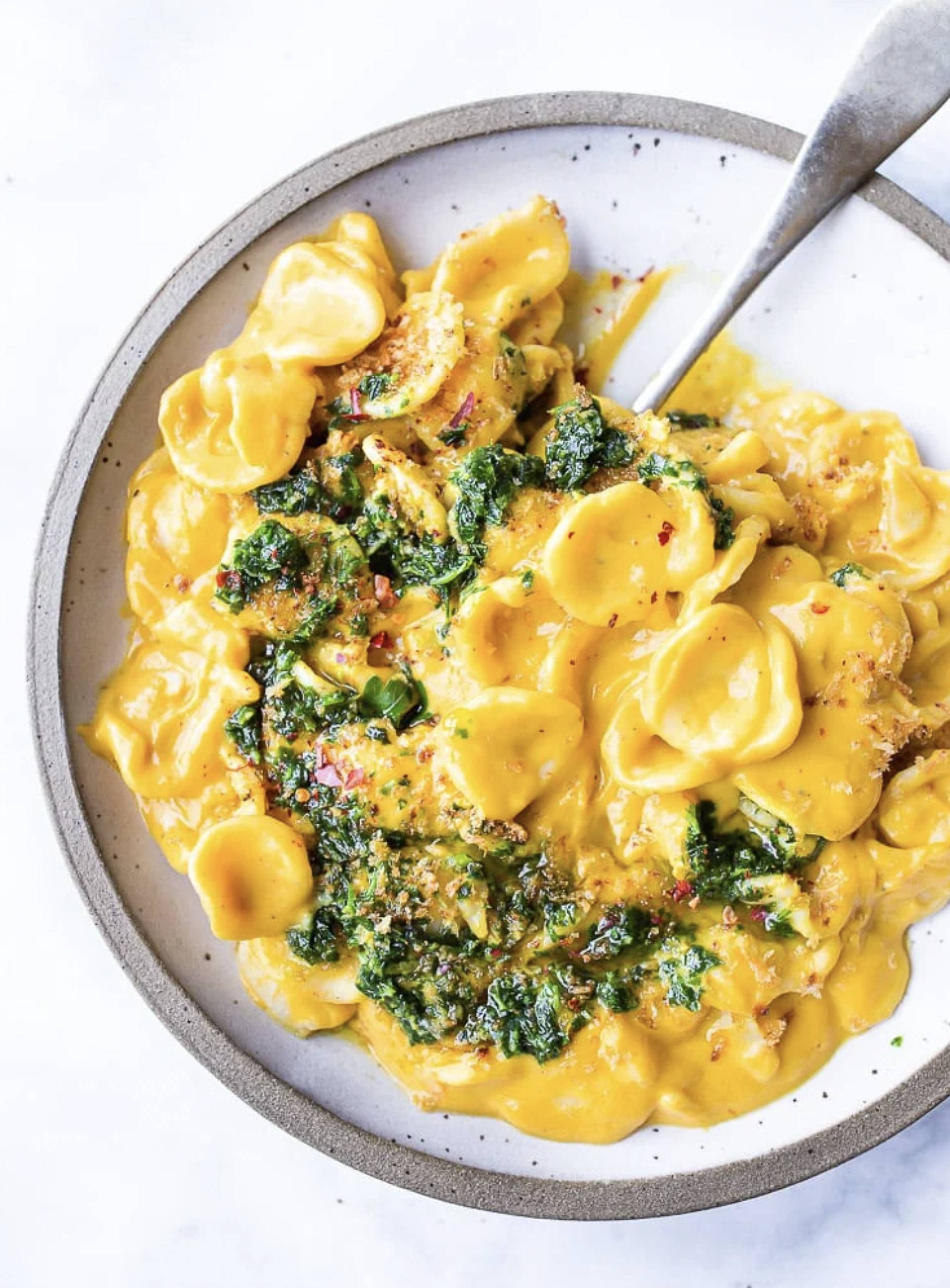 Vegan Orecchiette with Meati and Creamy Carrot Miso Sauce