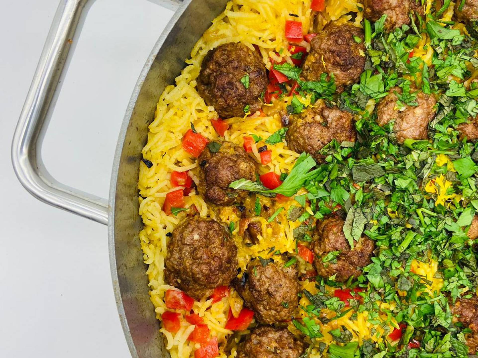 Moroccan Spiced Meatballs with Saffron Rice and Carrot Mint Salad