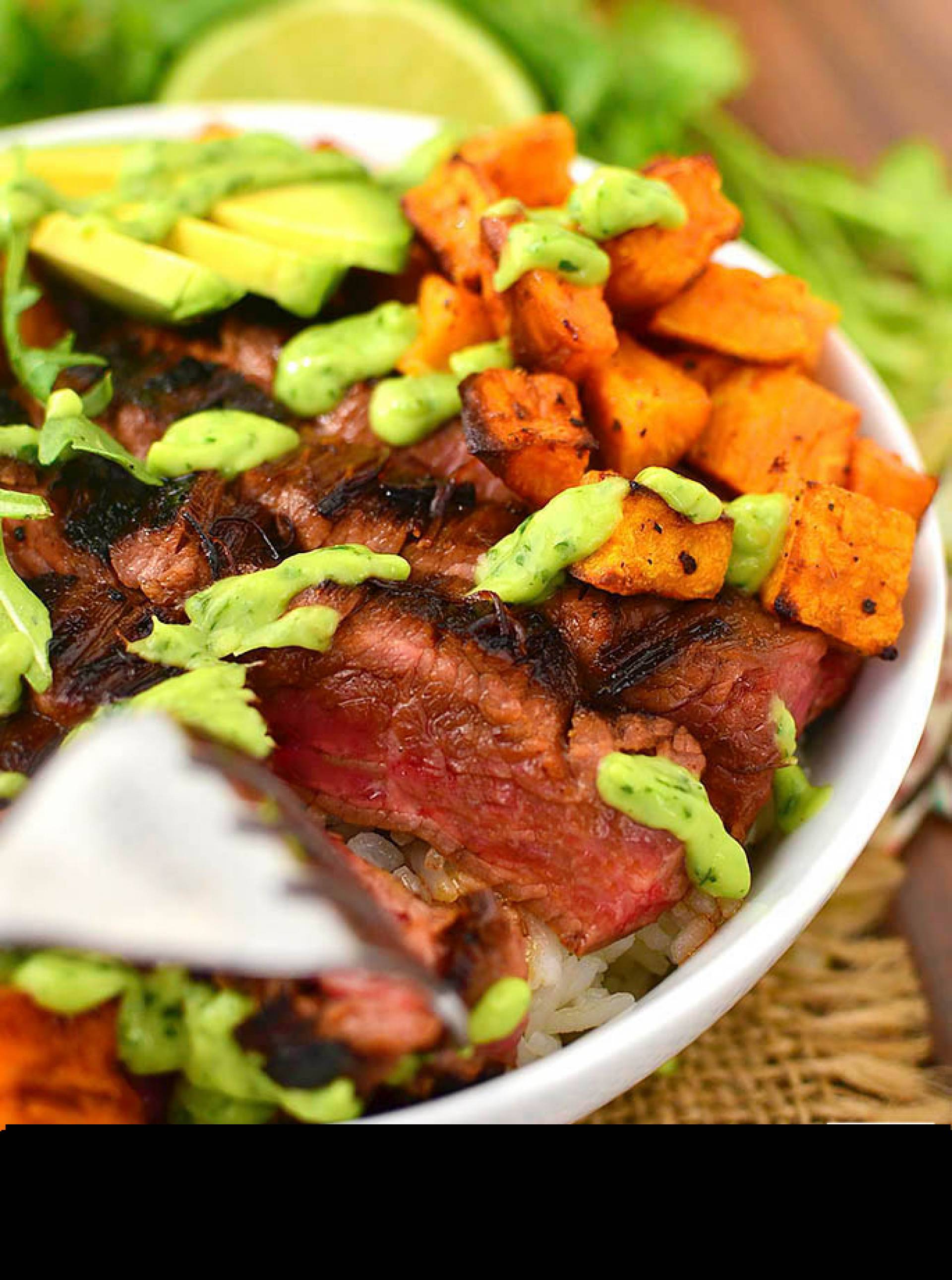 Rio Grande Flank Steak and Sweet Potato Bowls with Avocado Cilantro Drizzle