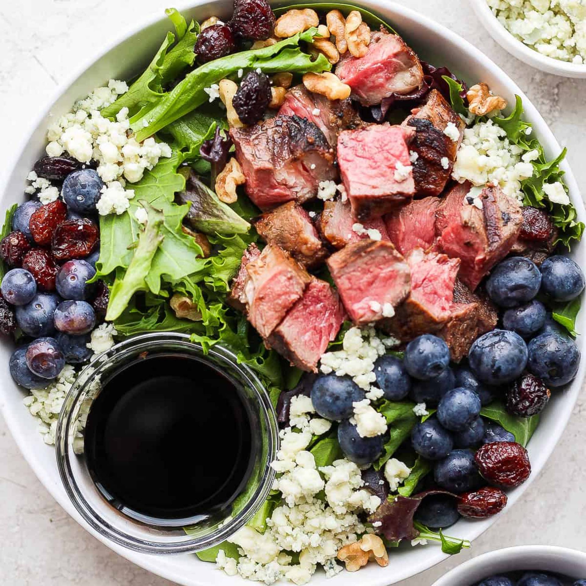 Grilled Flank Steak and Blueberry Grain Bowl with Gorgonzola