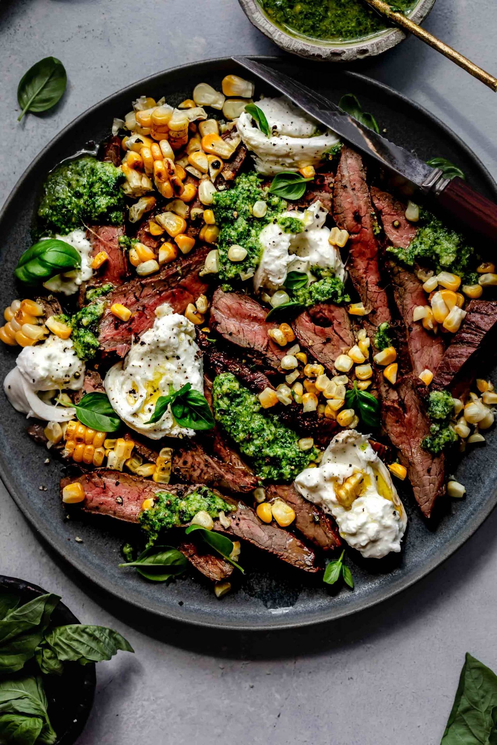 Grilled Beyond Steak with Whipped Ricotta and Pesto