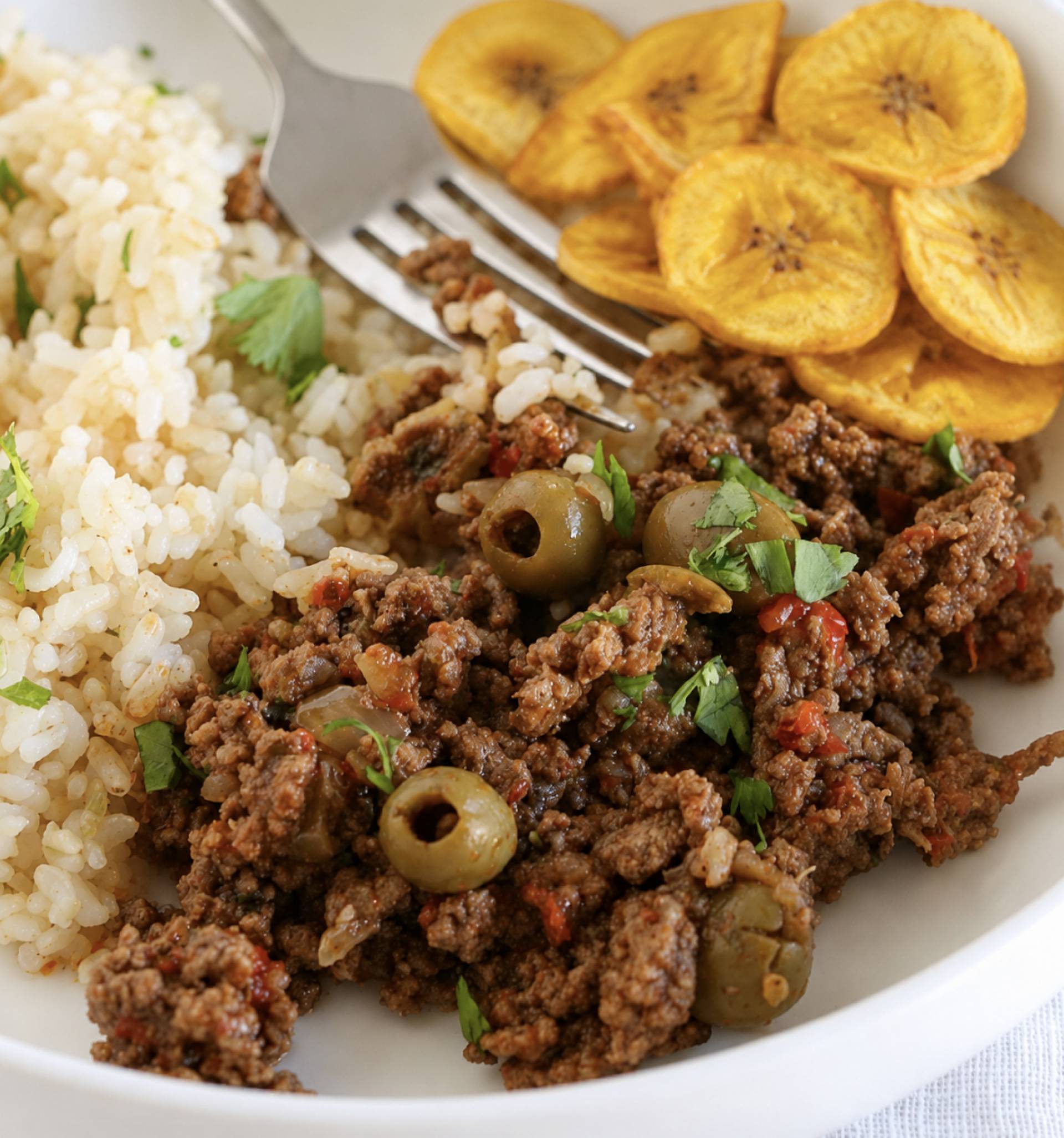 Cuban Picadillo with Rice and Plantain Chips