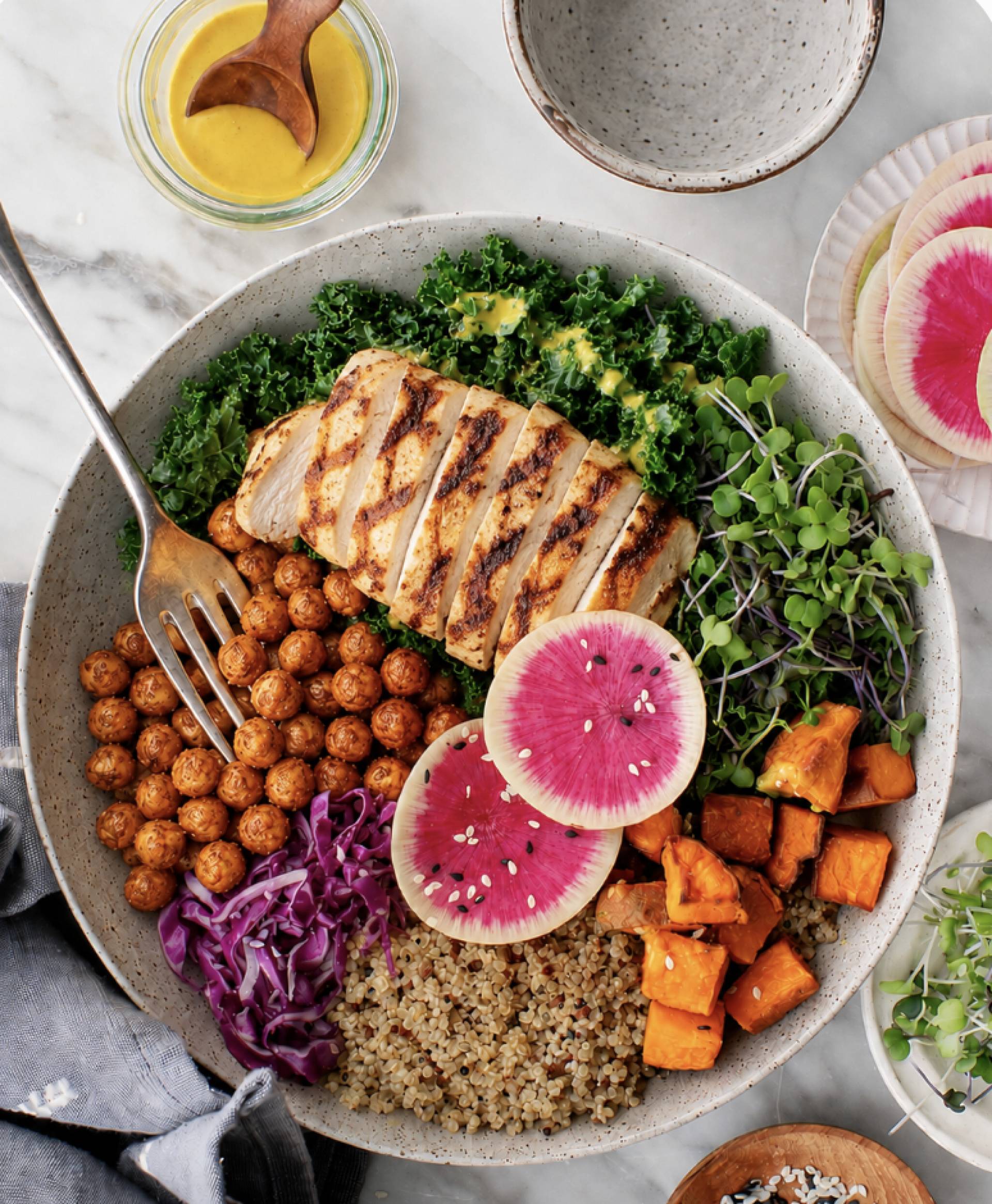 Rainbow Buddha Bowl with Grilled Chicken and Tahini Drizzle