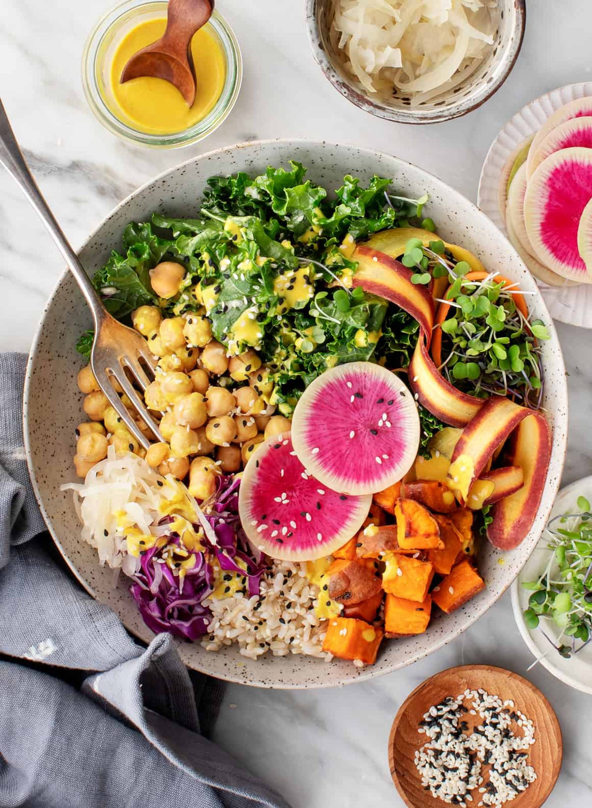 Rainbow Buddha Bowl with Grilled Chicken and Tahini Drizzle