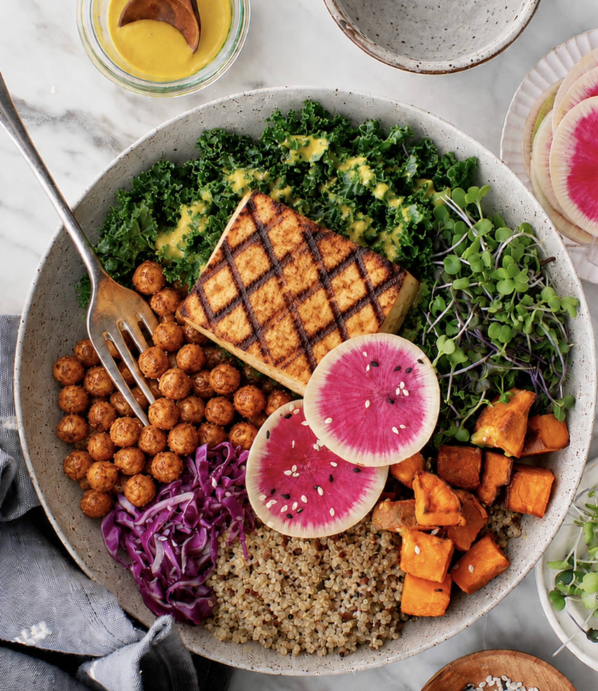 Rainbow Buddha Bowl with Grilled Tofu and Tahini Drizzle