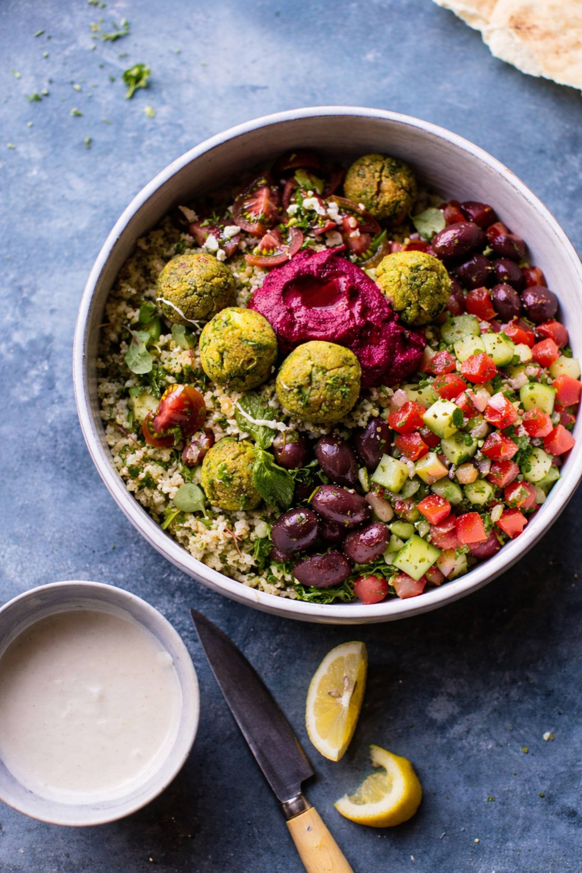 Falafel Bowls with Beetroot Hummus and Chickpeas