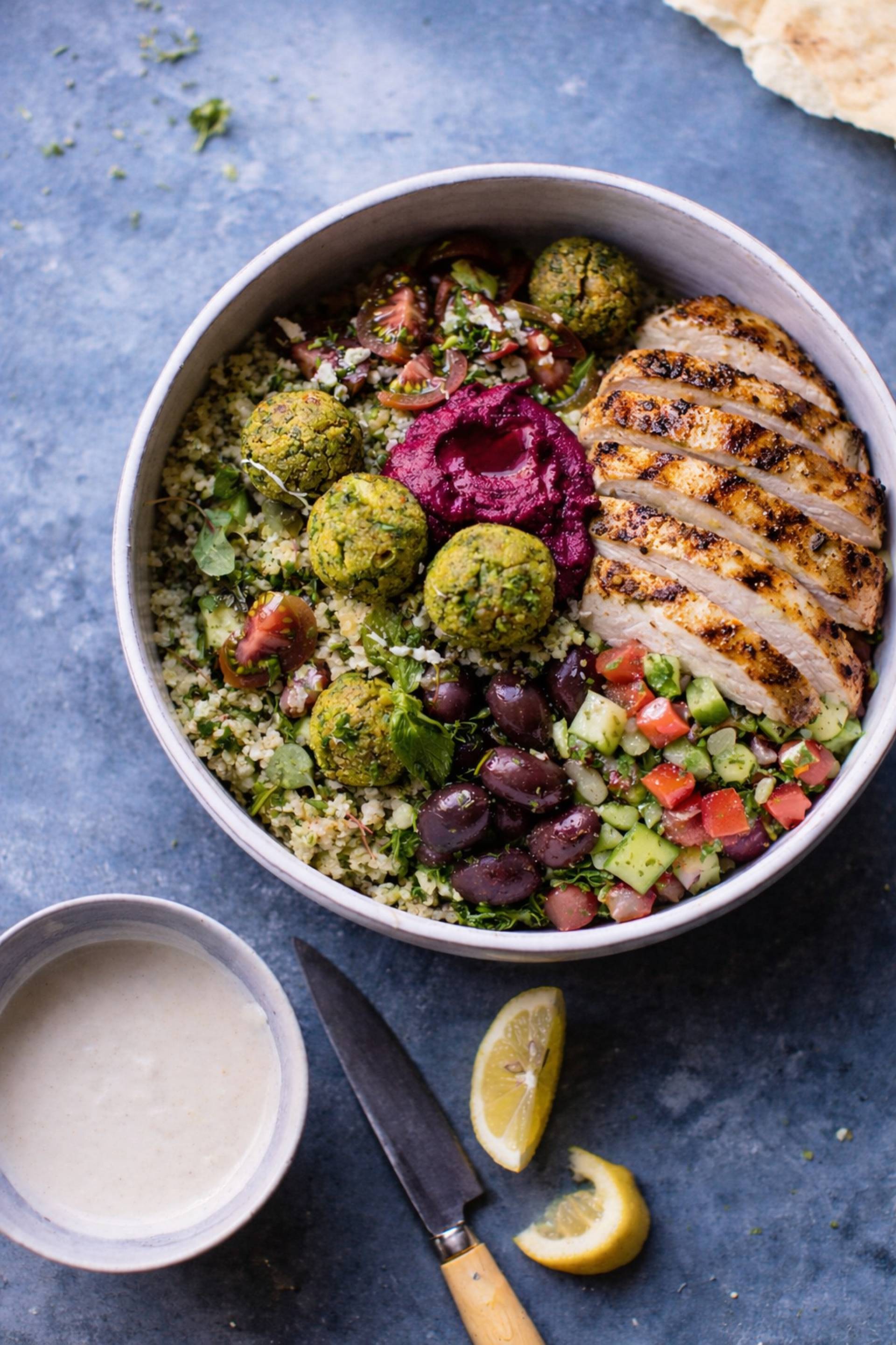 Dairy Free Falafel Bowls with Beet Hummus and Chicken