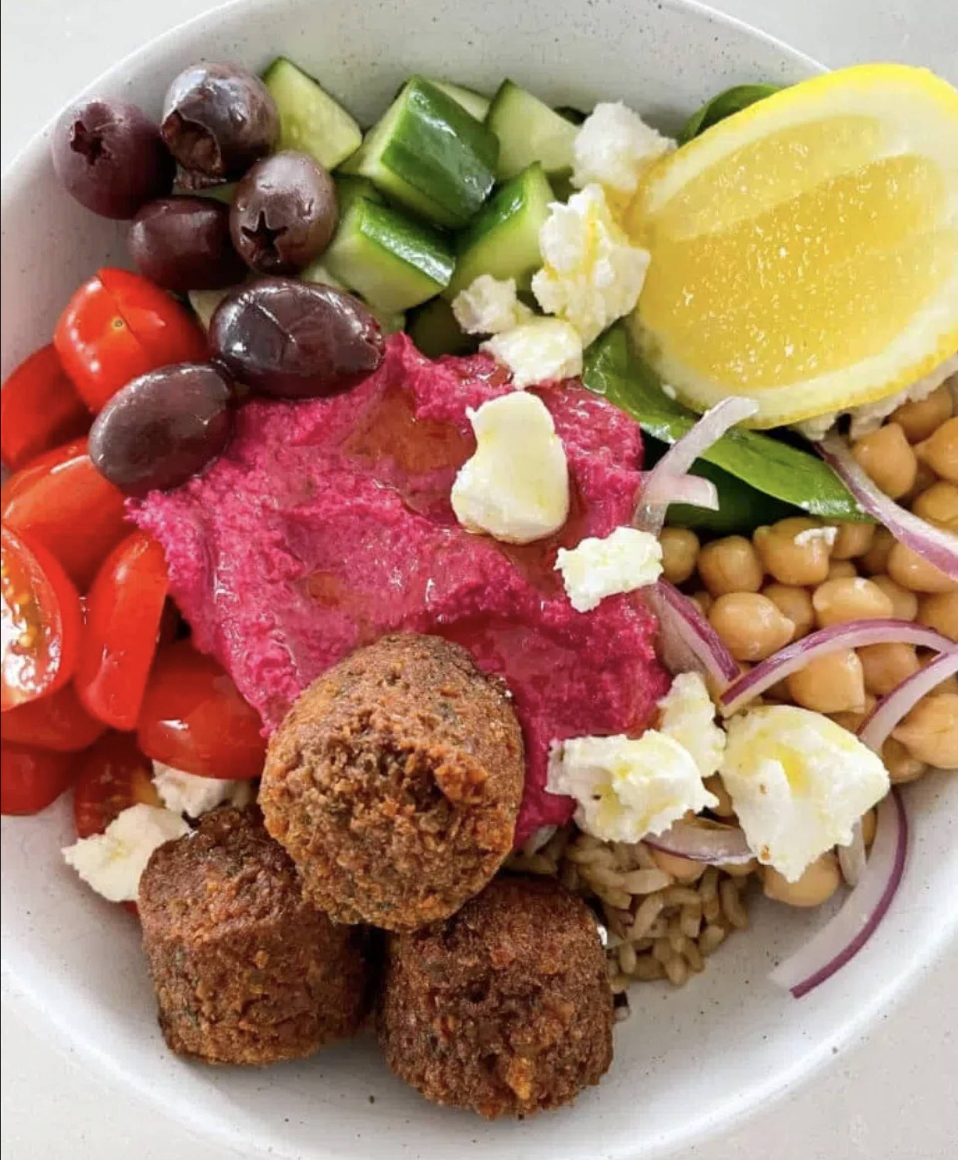 Dairy Free Falafel Bowls with Beetroot Hummus and Chickpeas