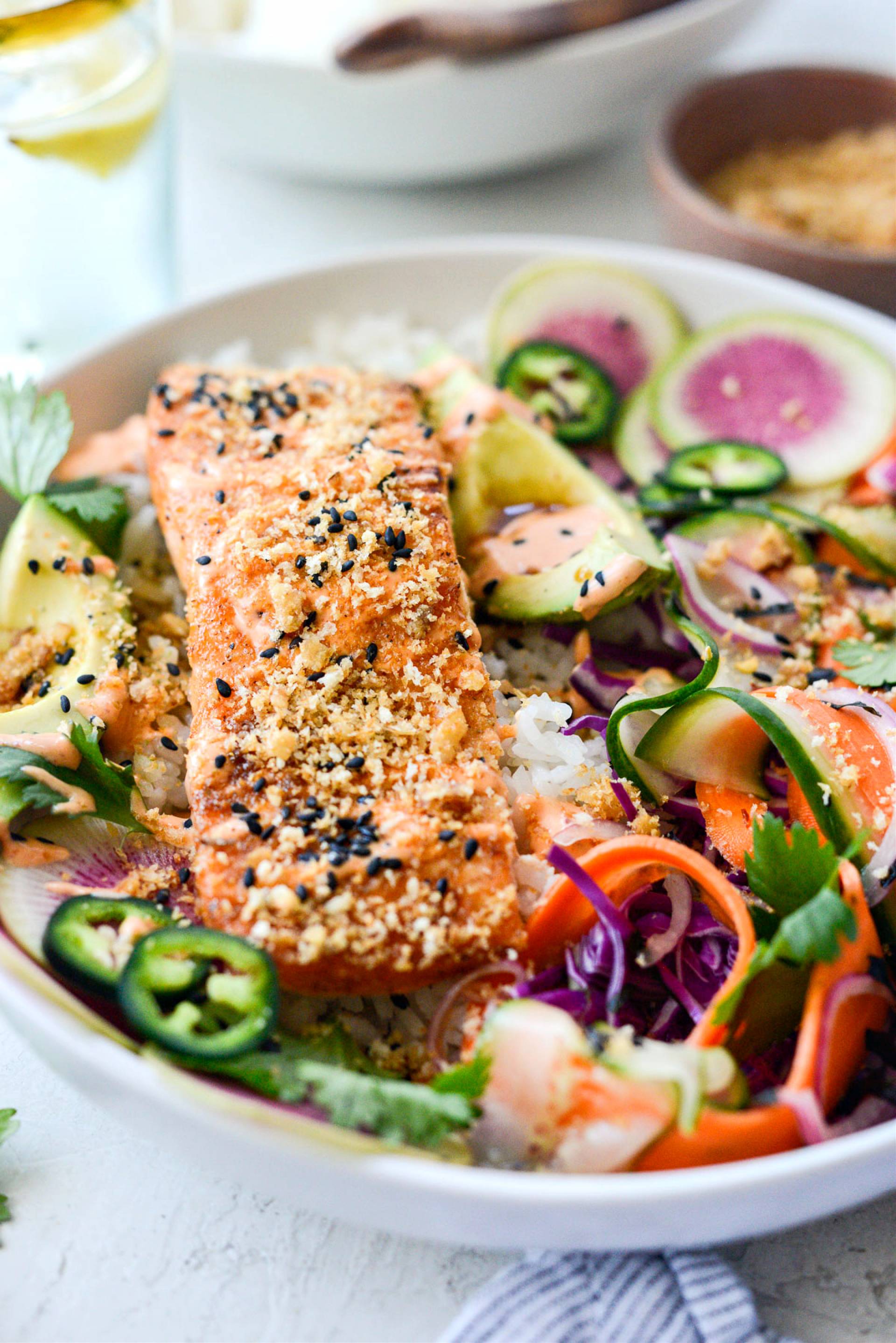 Sesame Crusted Miso Glazed Salmon, Jasmine Rice and Steamed Veggies