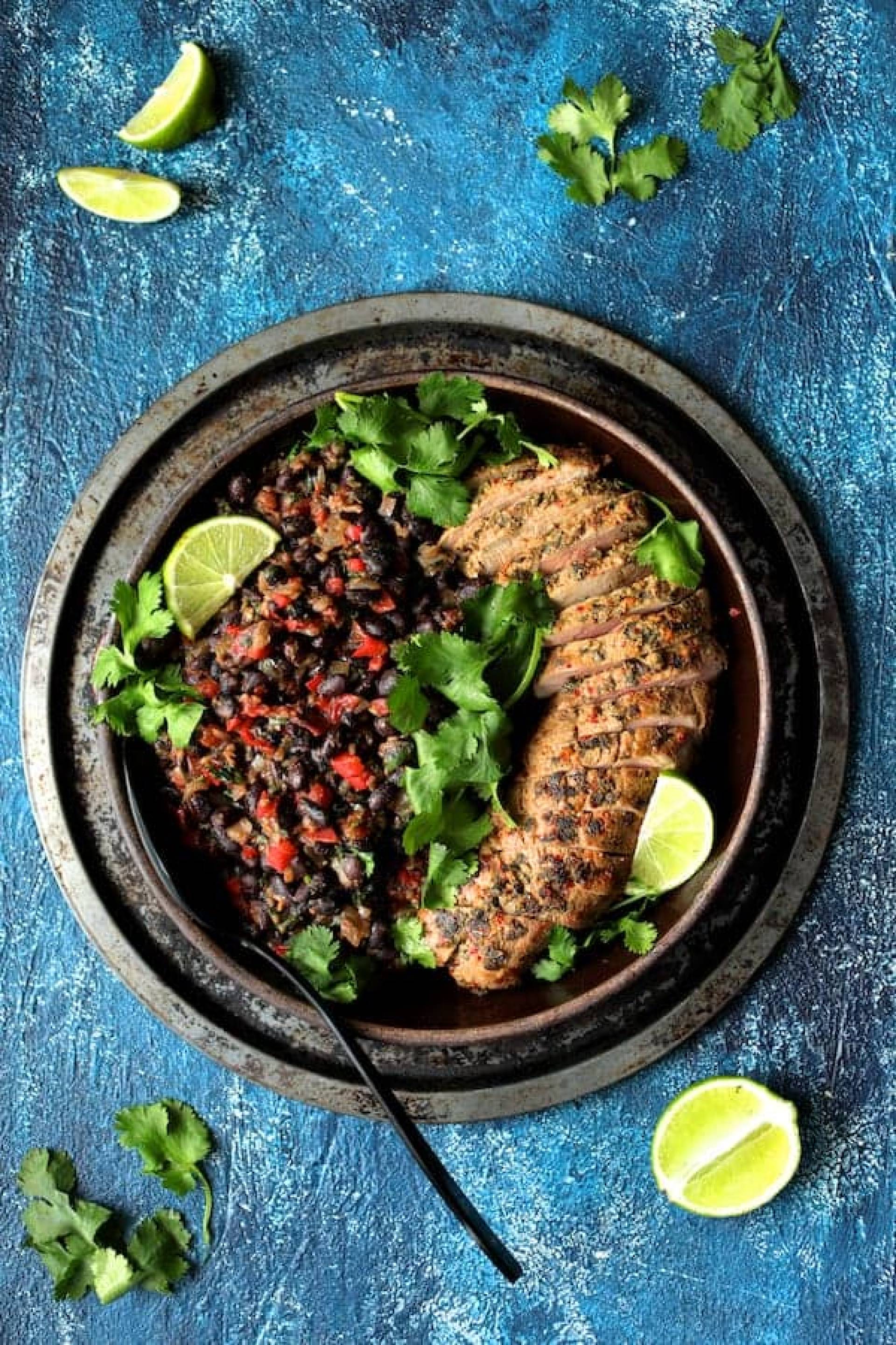 Cuban Mojo Tofu with Veggies and Cilantro Black Beans