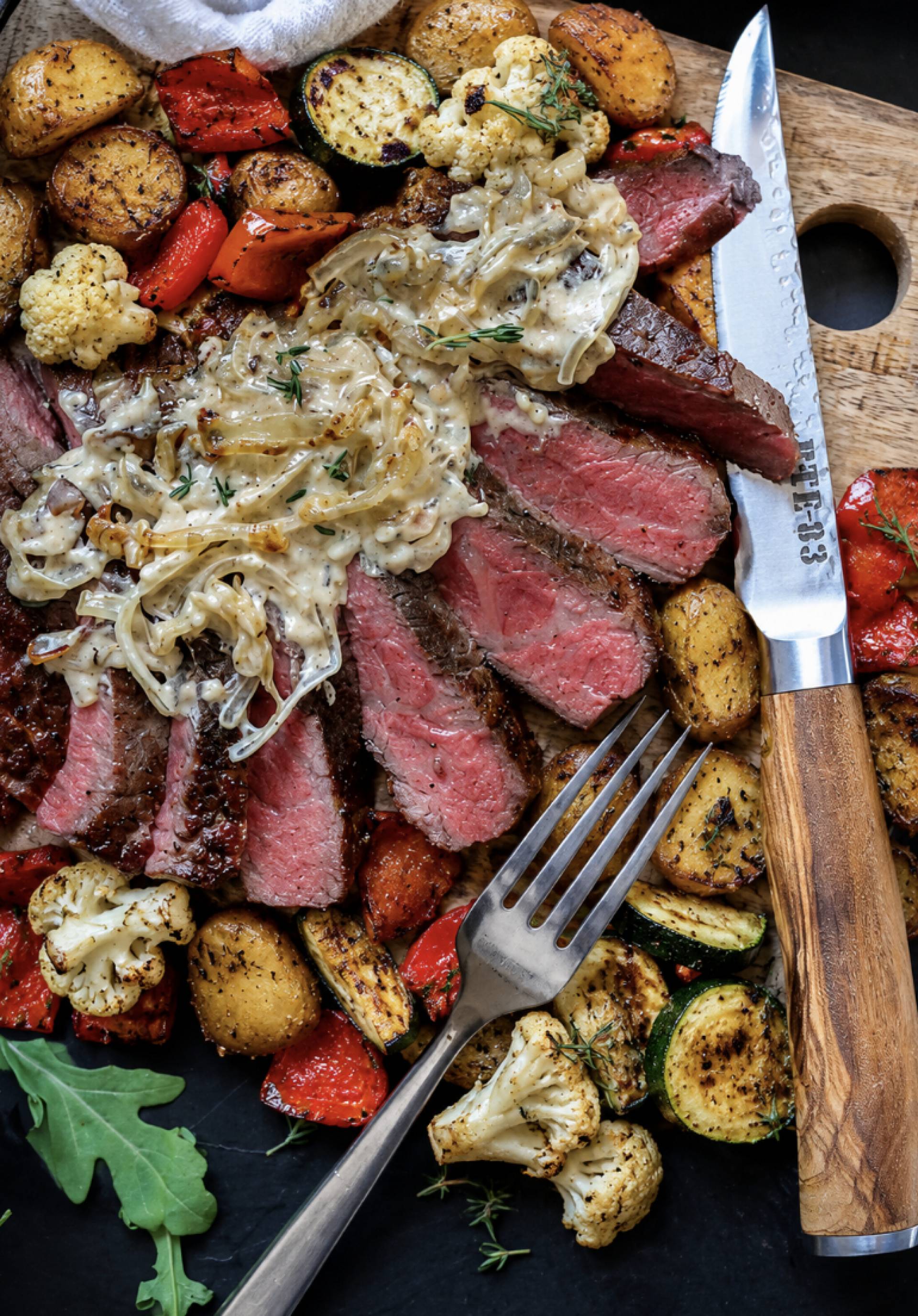 Rosemary Flank Steak with Caramelized Onions and Creamy Gorgonzola Sauce