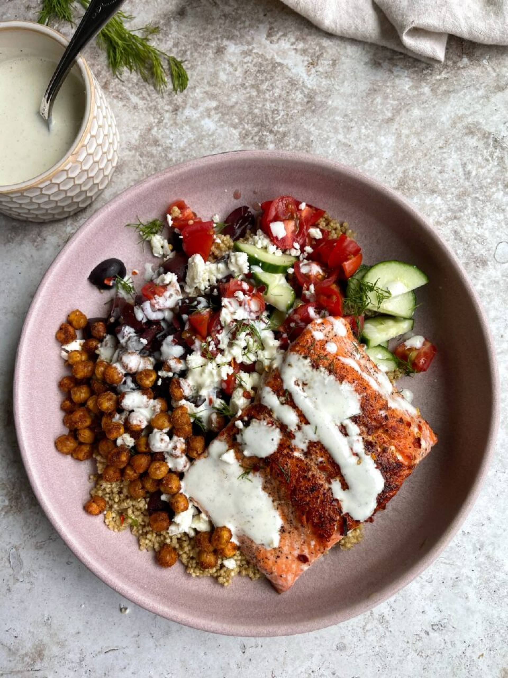 Coho Salmon Mediterranean Bowl with Roasted Veggies and Tzatziki