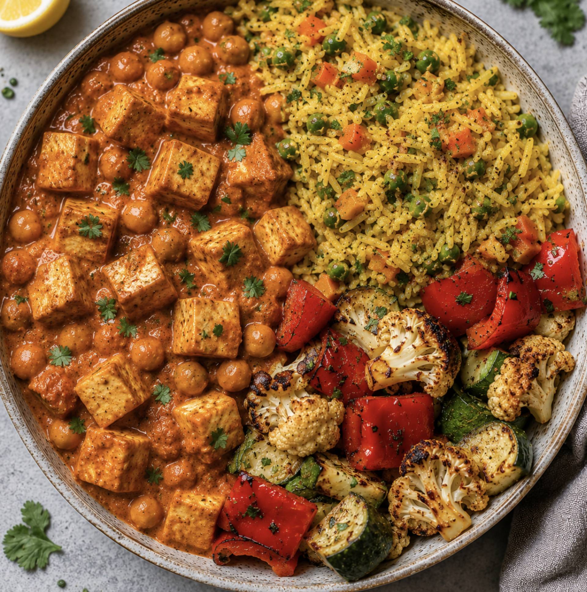 Indian Butter Tofu, Chickpea & Biryani with Curried Vegetables