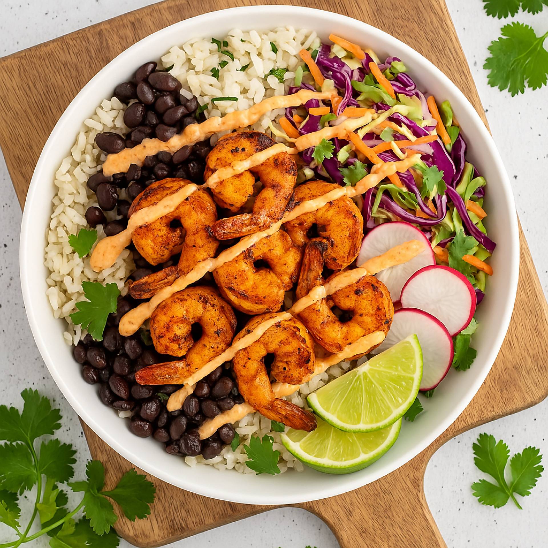 Baja Shrimp Bowls with Cilantro Slaw and Chipotle Drizzle