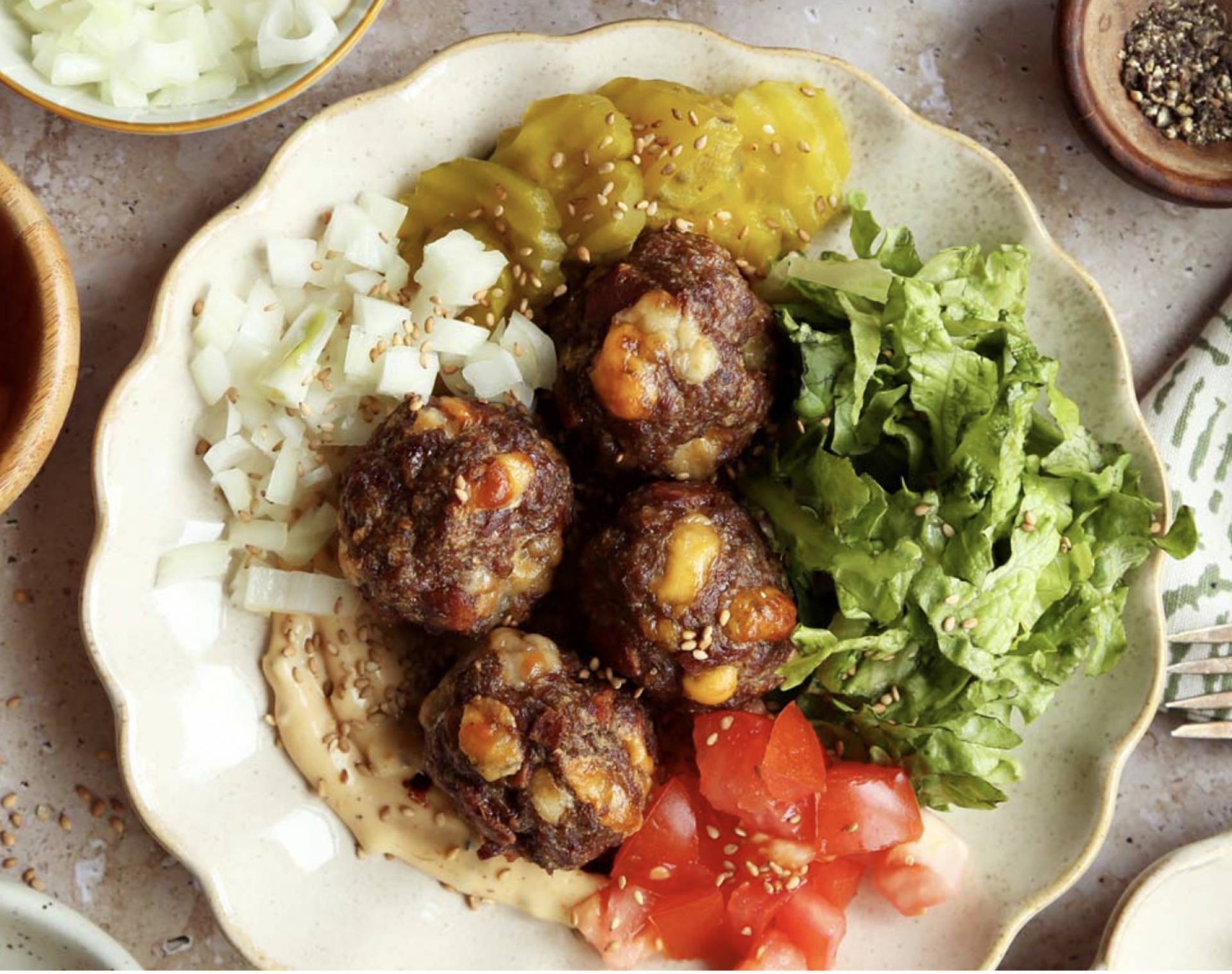 Cheeseburger Bacon Meatballs with Crispy Yukons