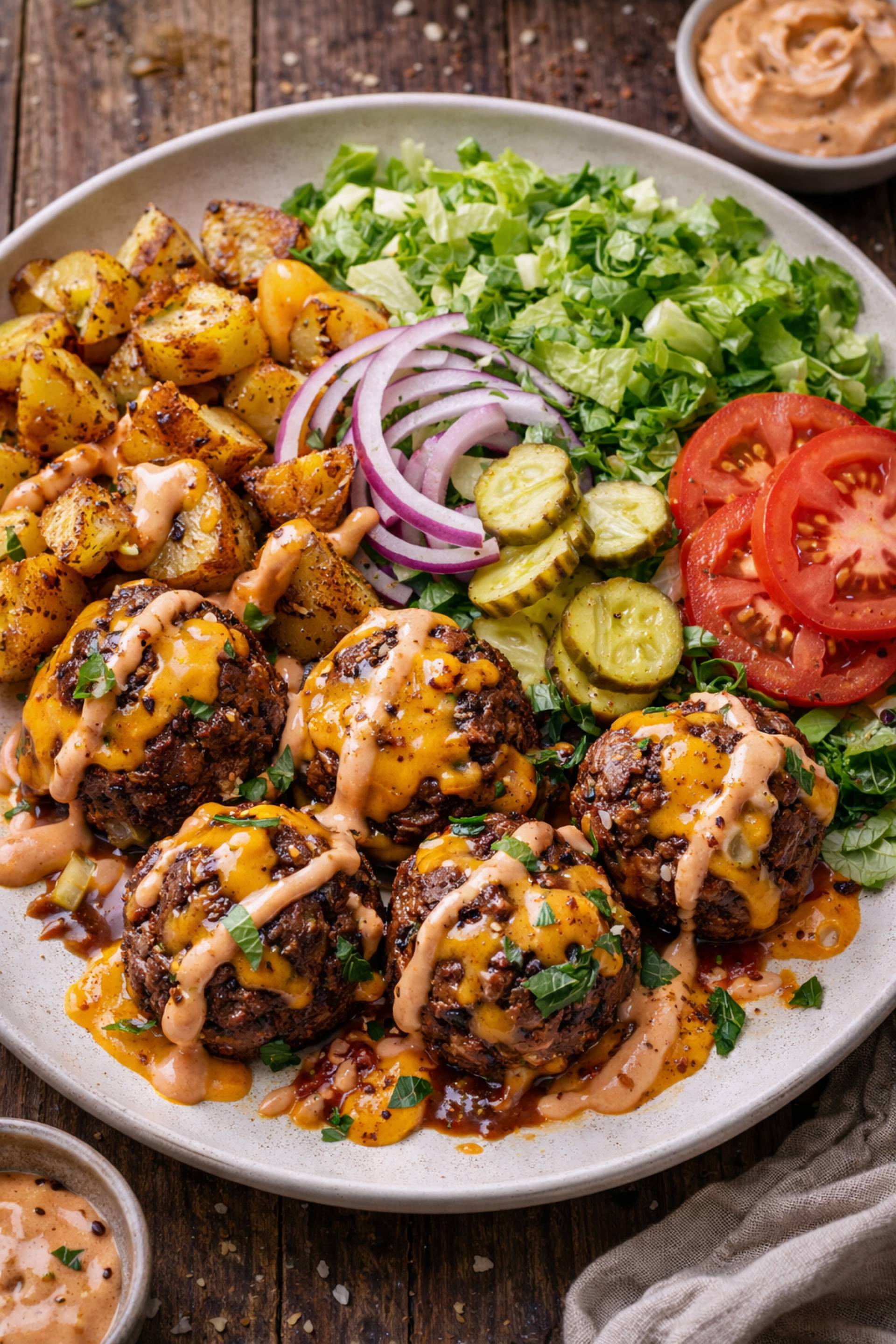 Turkey Bacon Cheeseburger Meatballs with Roasted Yukons