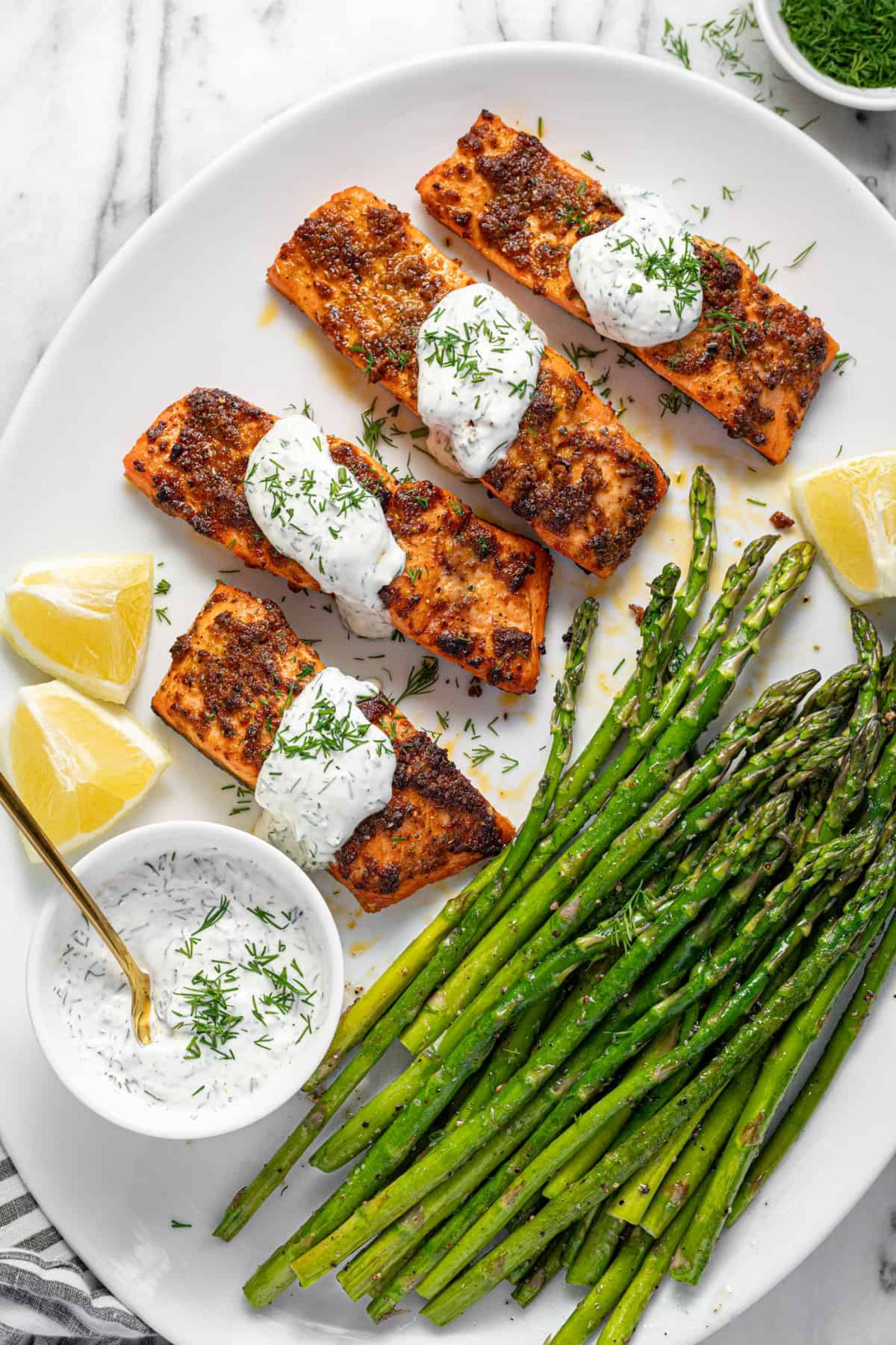 Coho Salmon with Dill Sauce, Roasted Potatoes and Asparagus