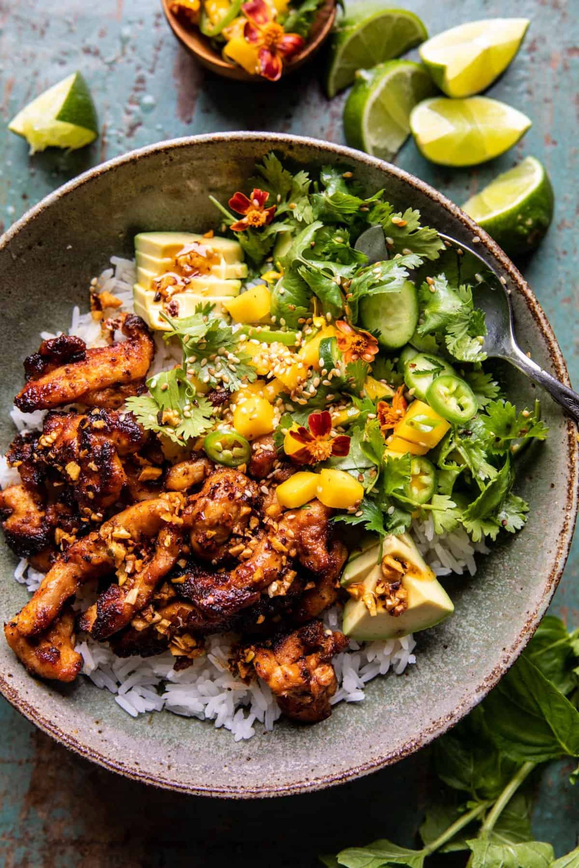 Chili Crisp Chicken Mango Cucumber Rice Bowl