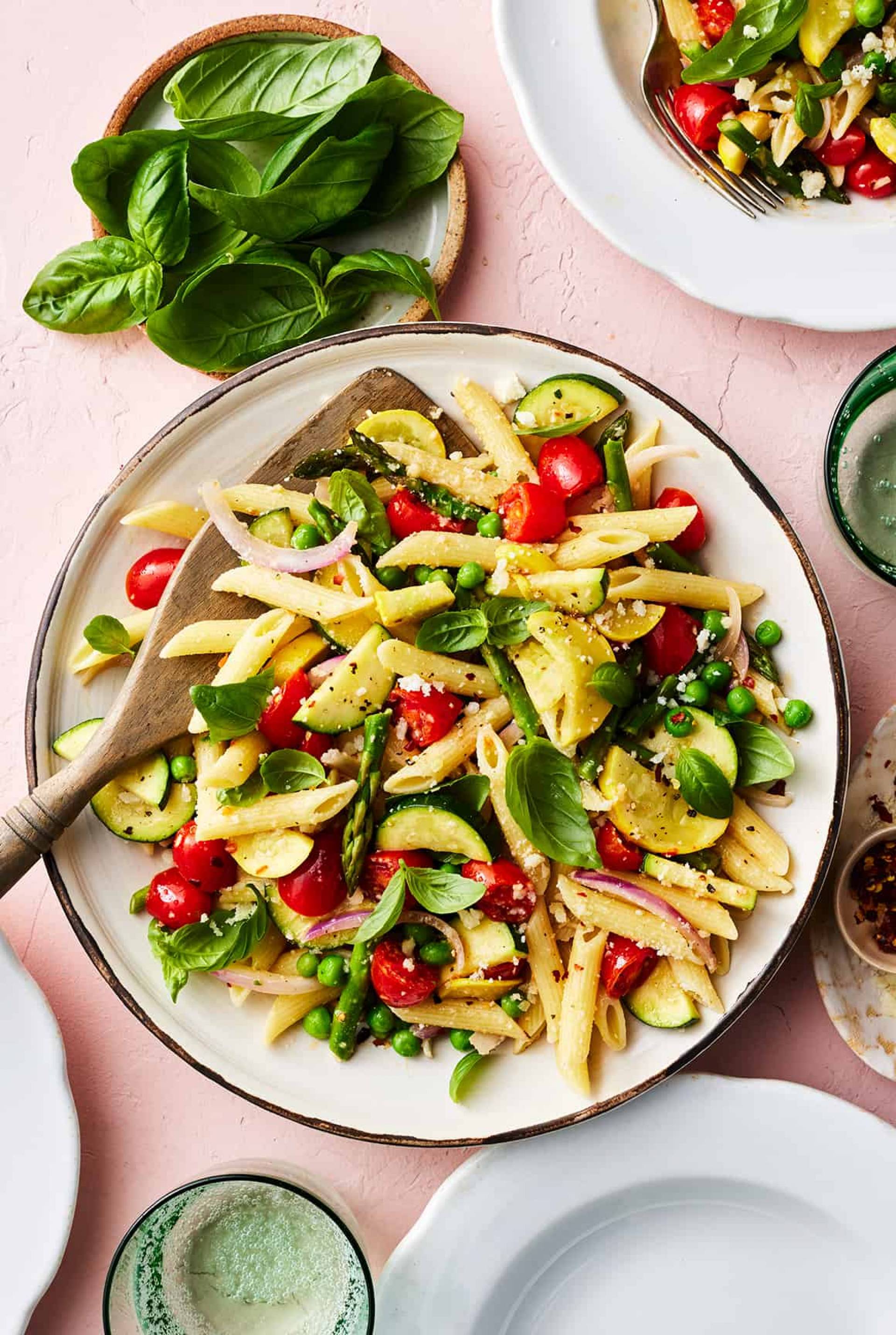 Plant Based Colorful Pasta Primavera with Herb Crusted Daring Chik'n and Pecorino