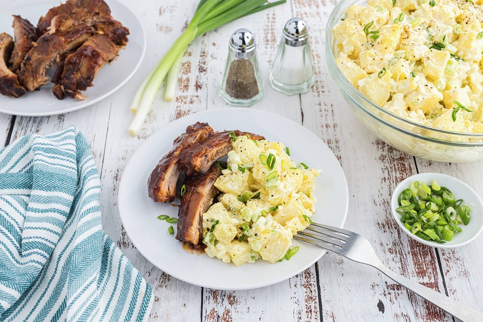 BBQ Pork Ribs with Potato Salad and Green Beans